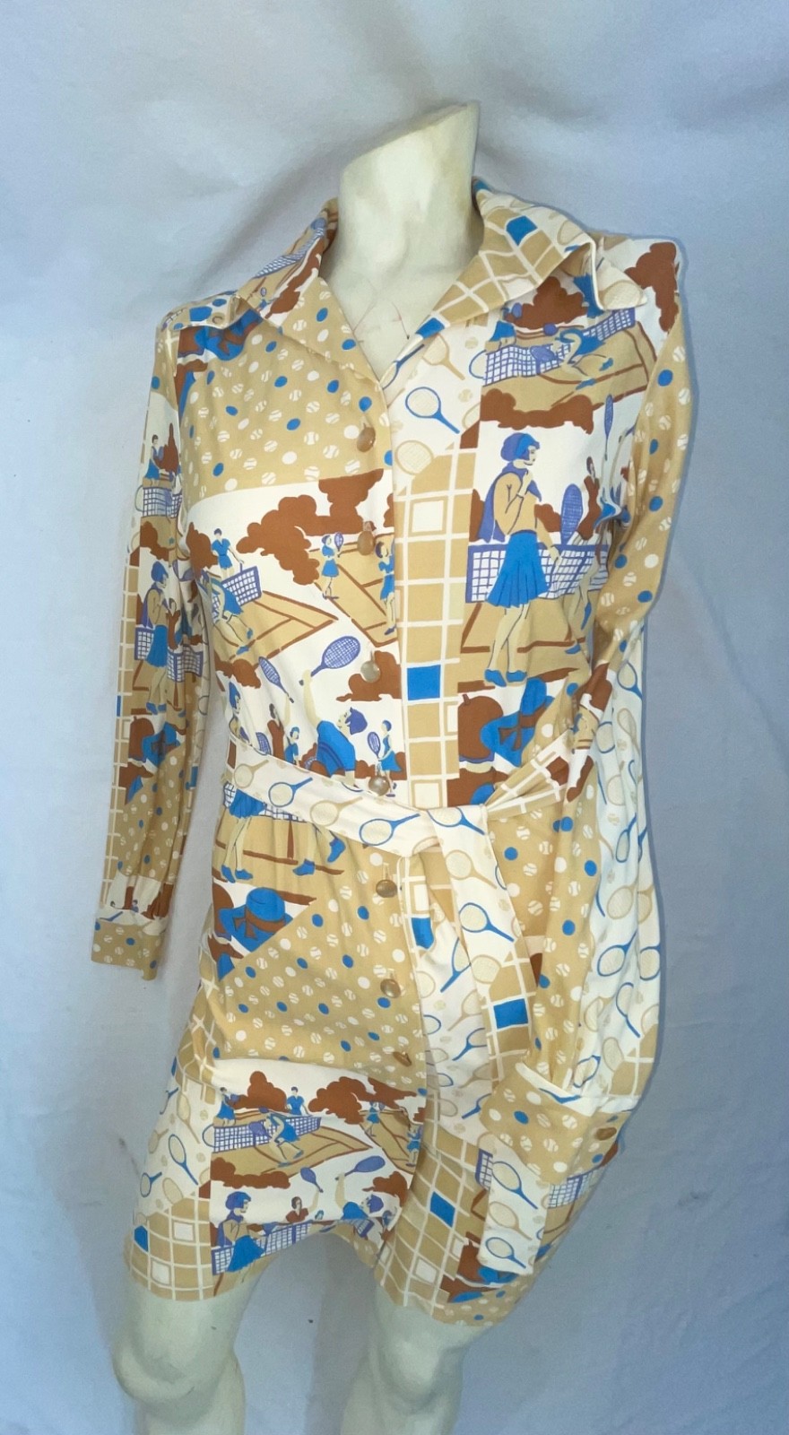 VTG 60S 70S WOMENS S TENNIS ALL OVER PRINT DISCO RETRO FUN CUTE DRESS