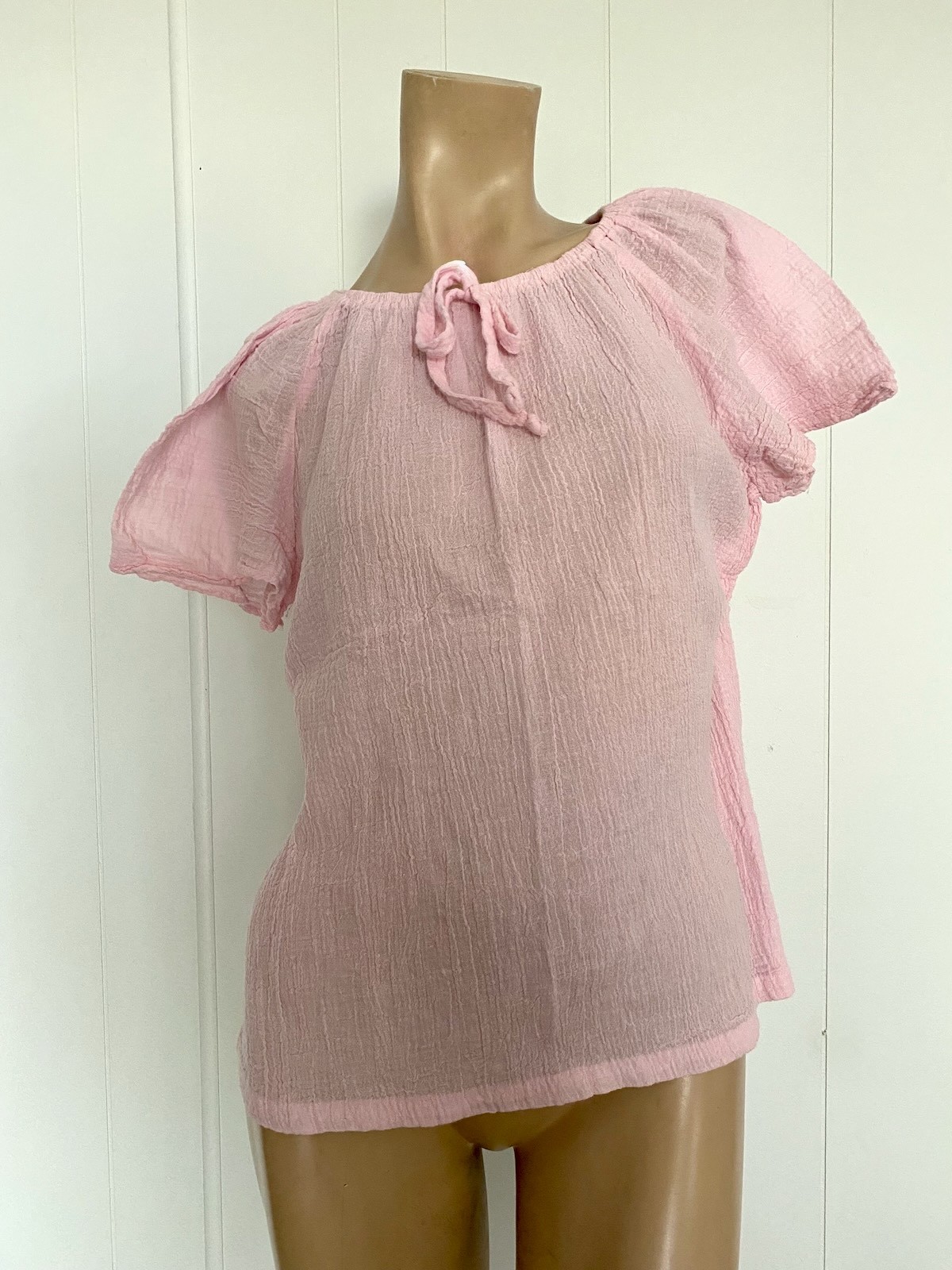 Vintage 1970s Alley Cat Pink Gauzy Cotton Peasant Blouse M L