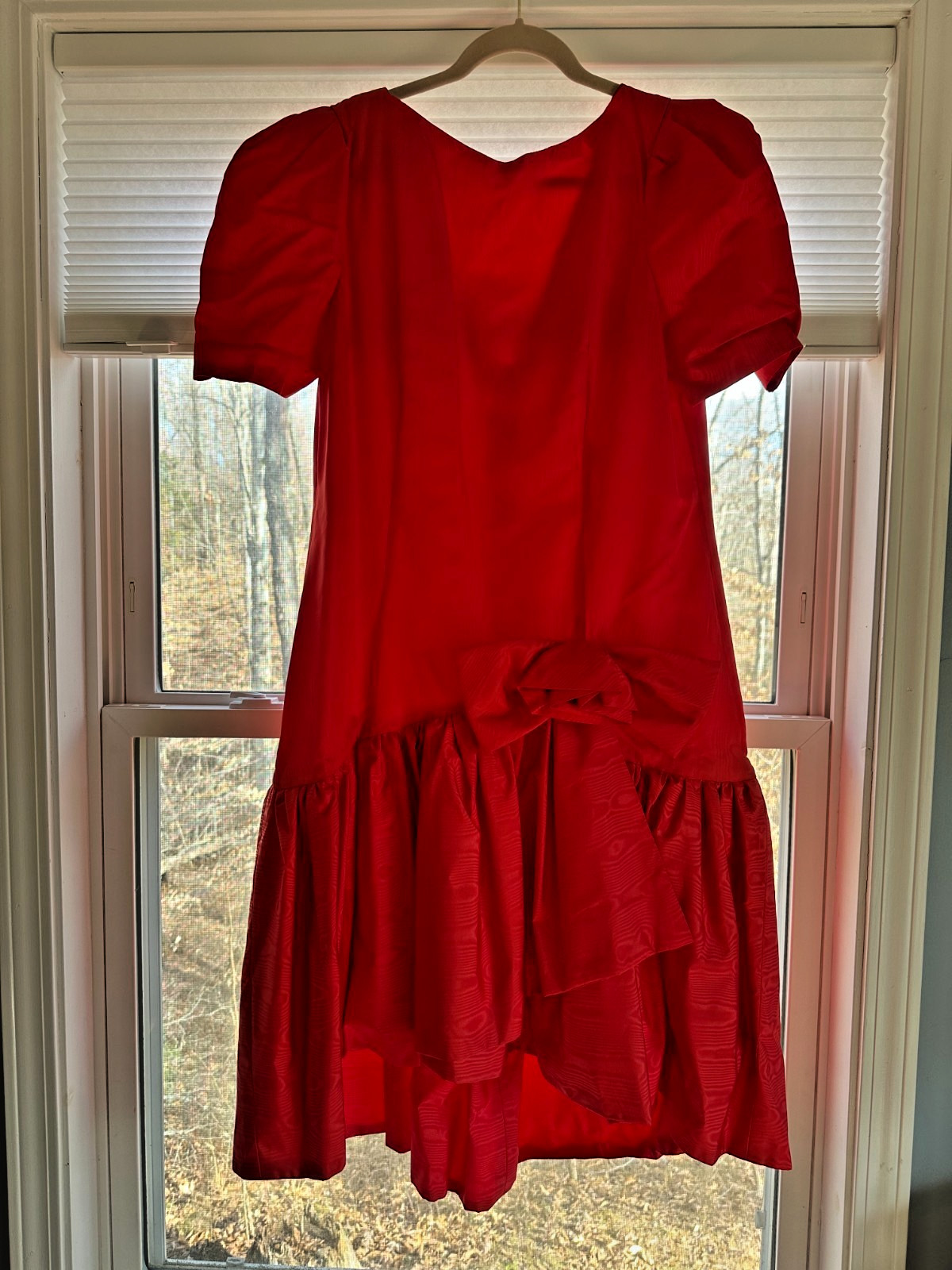 Vtg 80s Red Dress Taffeta Drop Waist High-Low Skirt Bow Puff Sleeve Unbranded