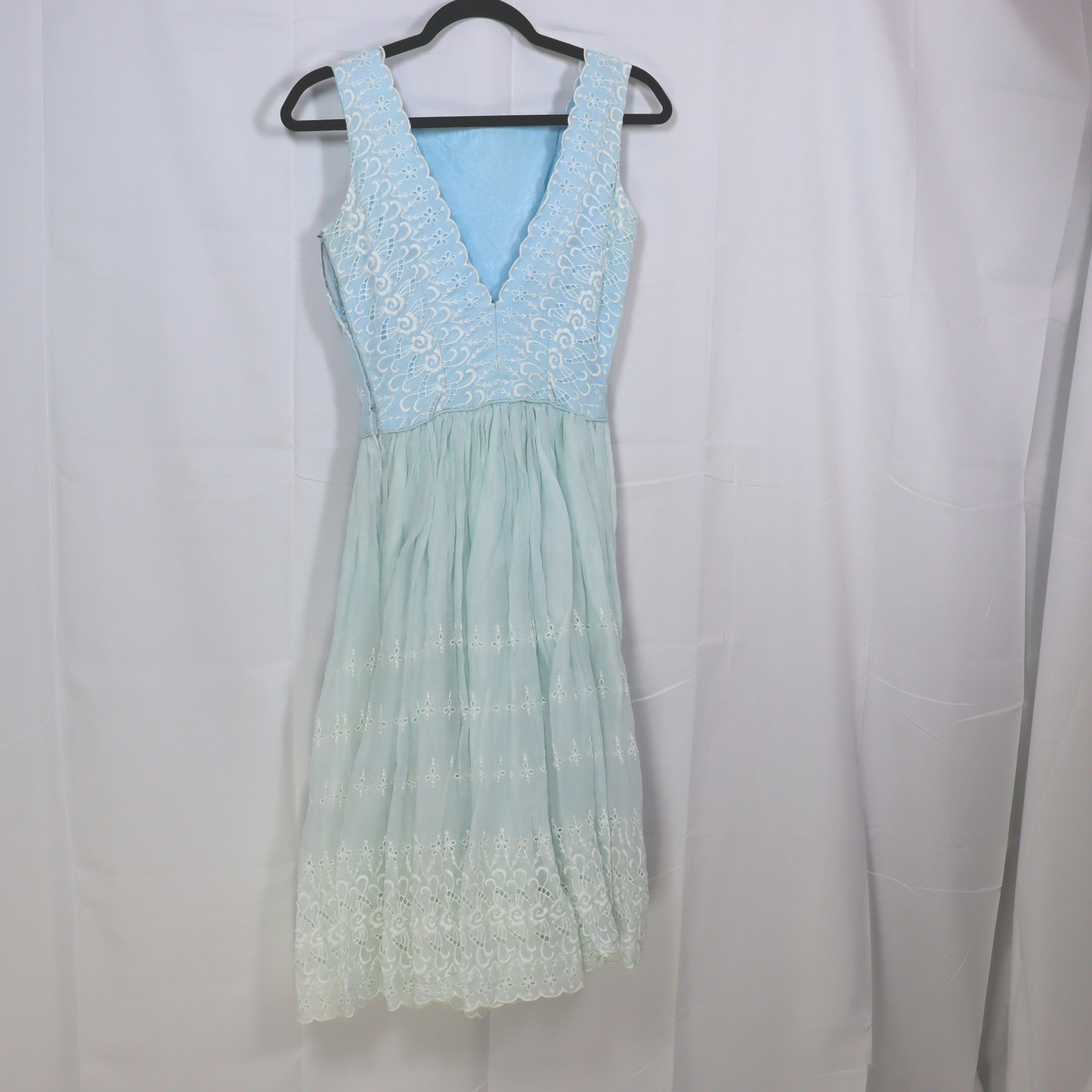 Vintage Eyelet Lace Midi Dress Womens XS Blue Embroidered Scalloped Tea Dress