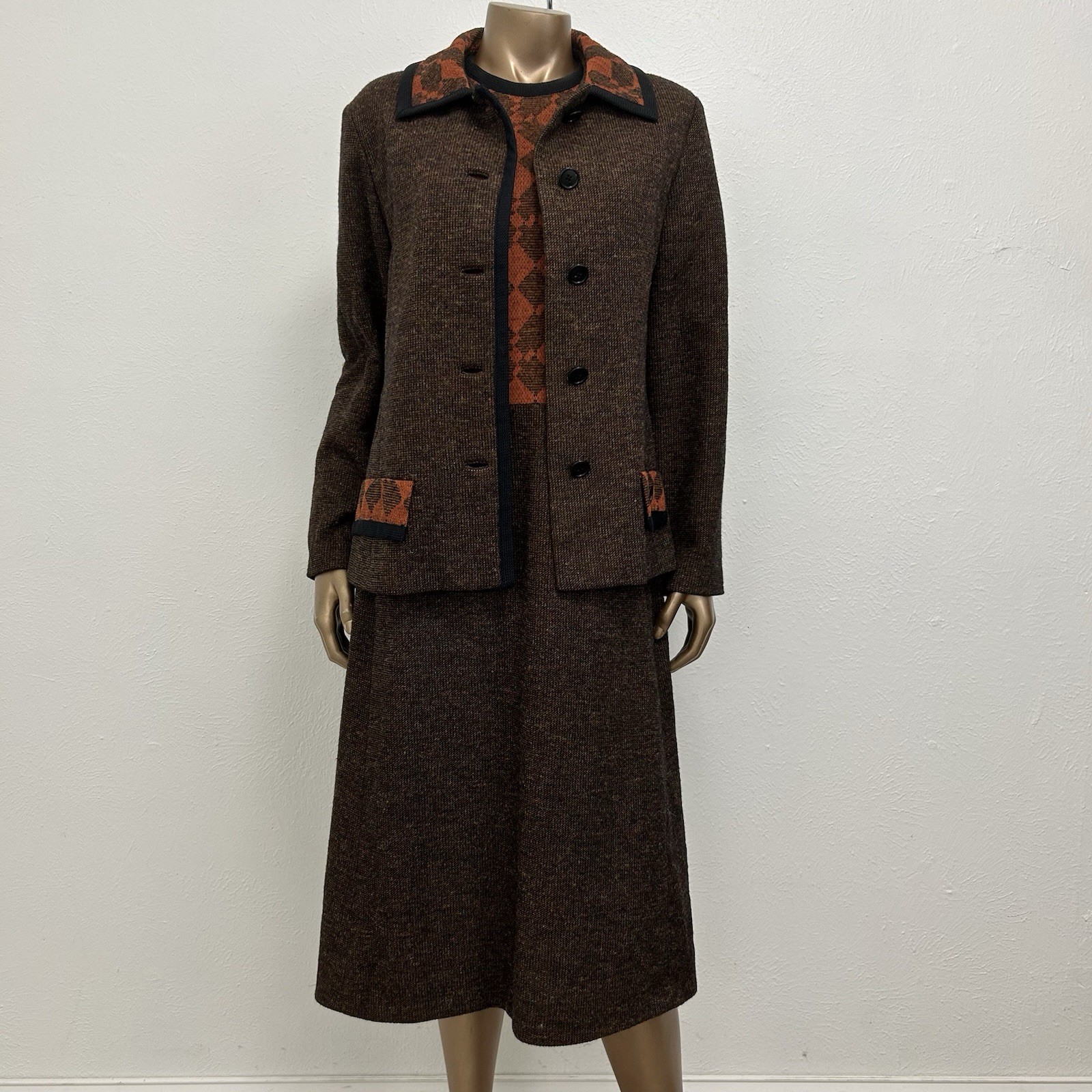 VTG Alper Schwartz M/L Brown Orange Wool Tweed Suit Dress Jacket 2-Pc 1960s/70s
