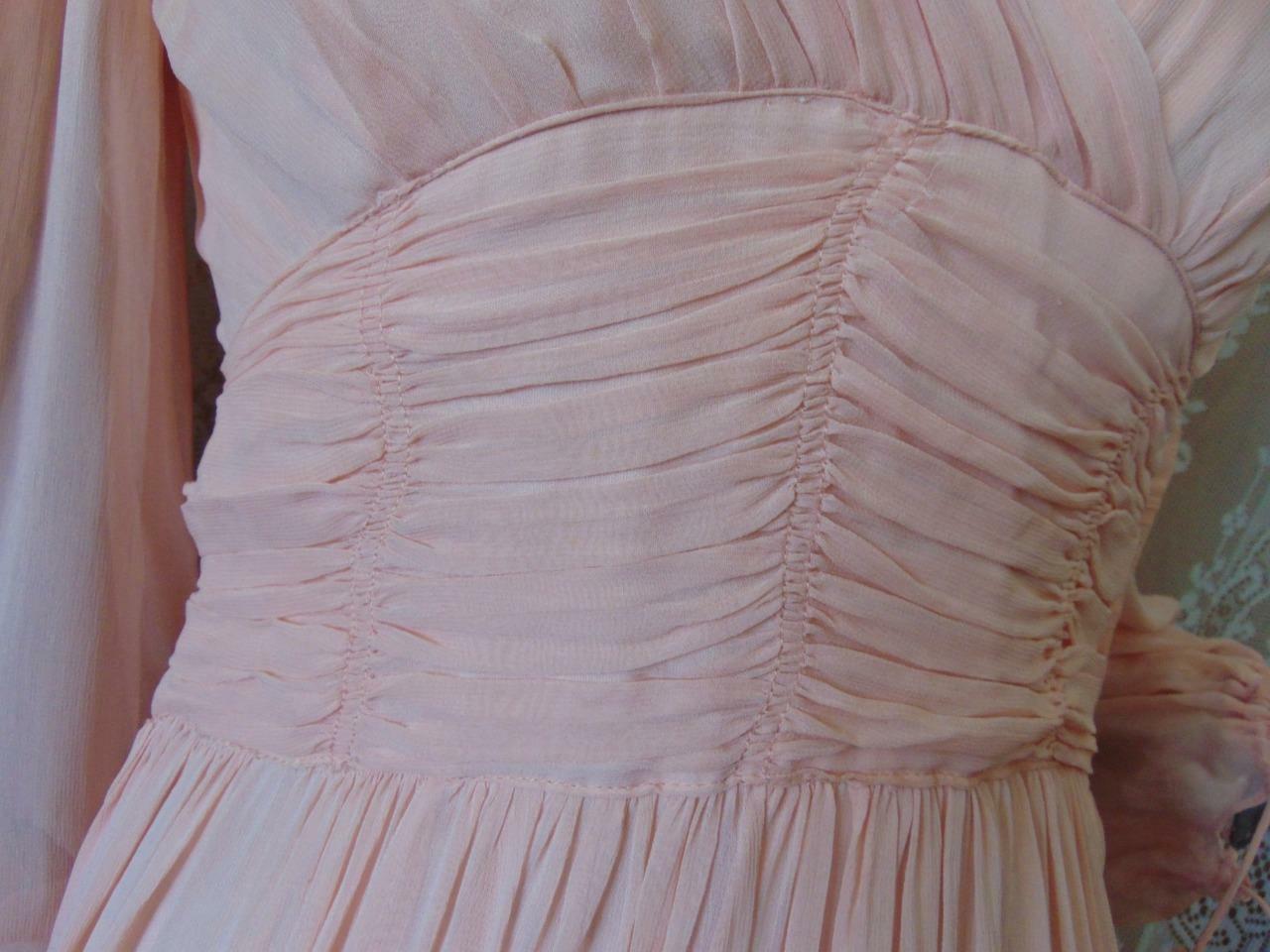 1940s ORIGINAL DESIGN PINK CHIFFON LONG DRESS PUFF BALLOON SLEEVES 24 W