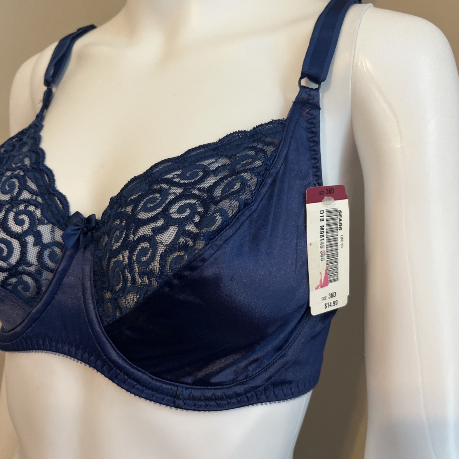 NWT Vintage Sears Lace Nylon Bra Full Figure Sz 36D Navy Blue Underwire