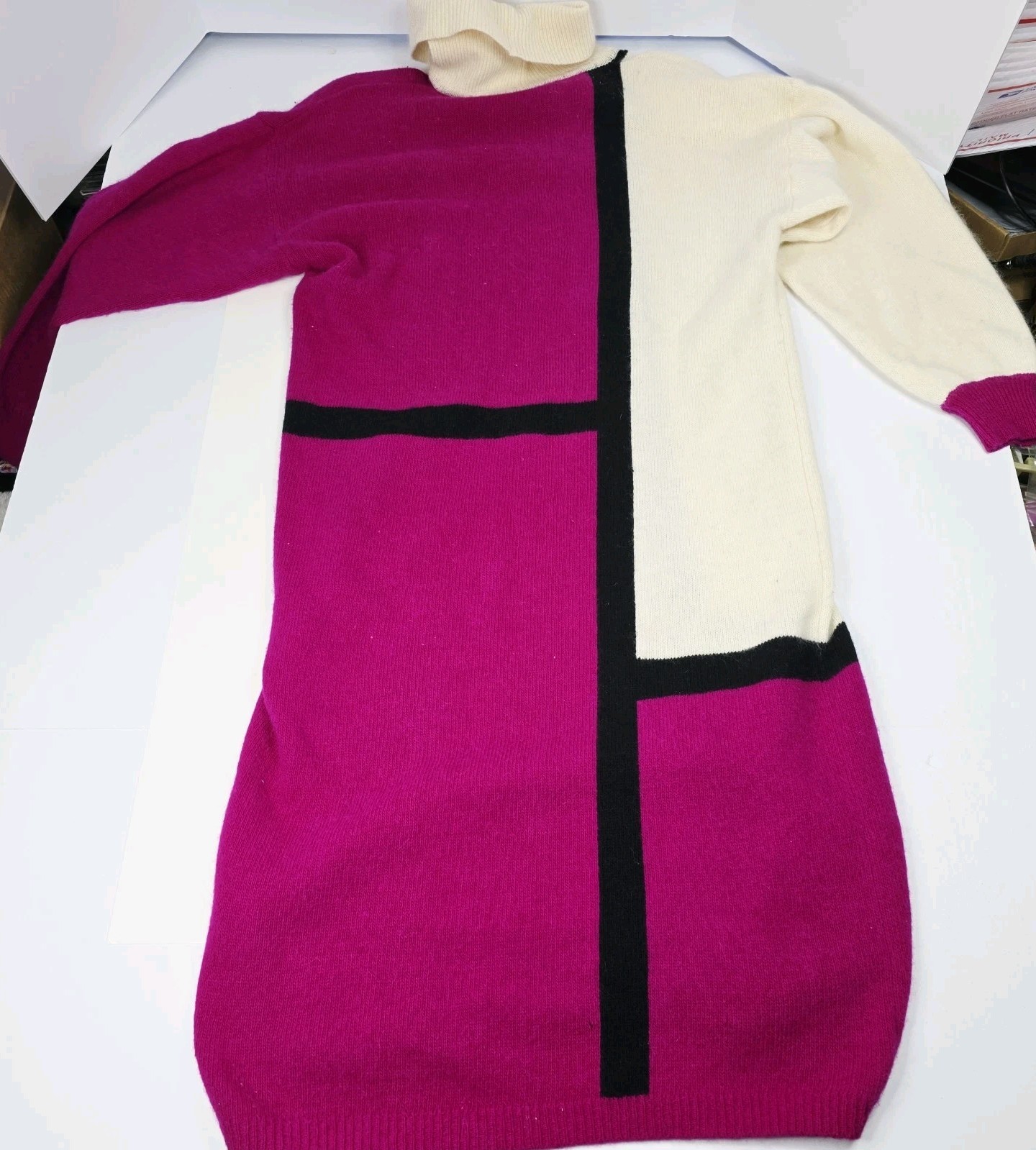80s Richard & Company Angora Lambswool Colorblock Geometric Sweater Dress Large