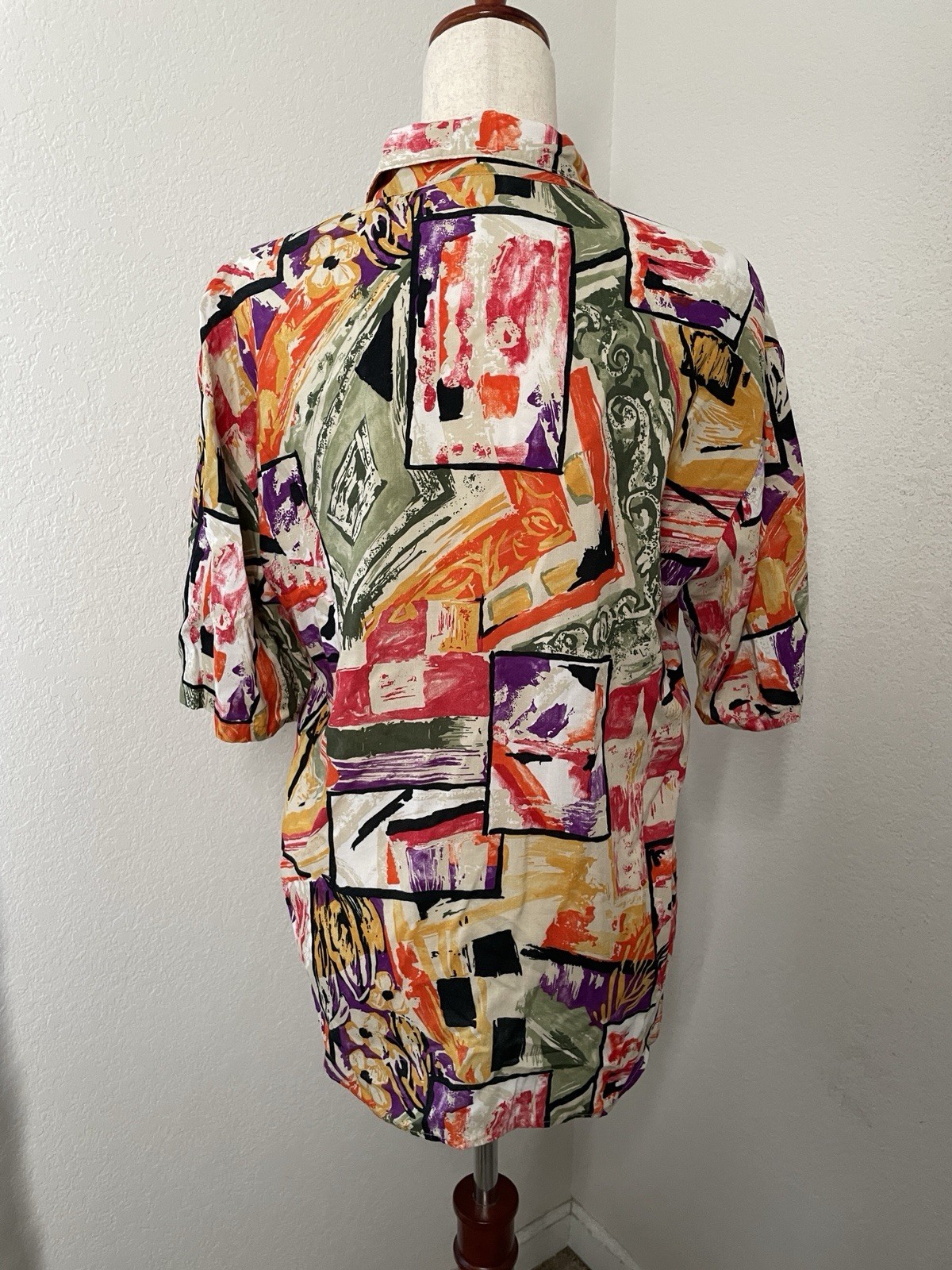 Vintage Button Up Blouse Womens Large 90s Abstract Artsy Art To Wear Maximalism