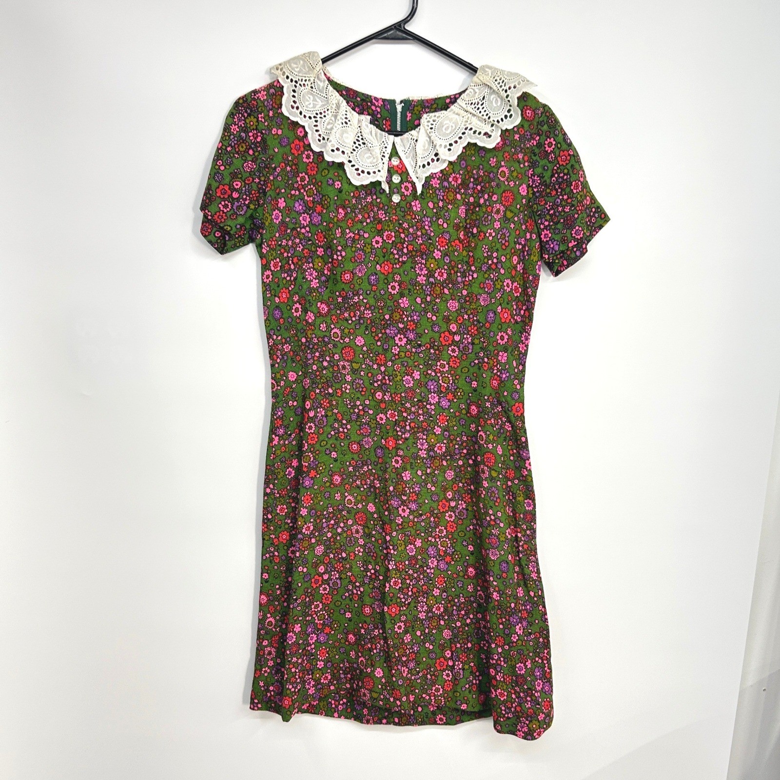 Vintage Bobbie Brooks 60s Twee Floral Lace Collar Mini Dress 9 Green Cottagecore