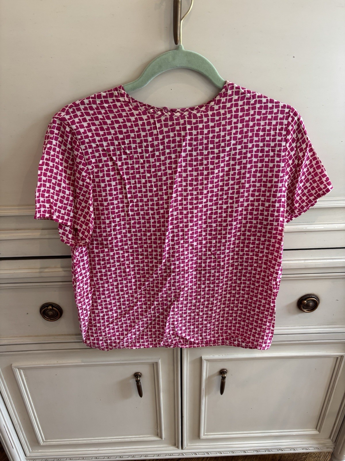 Vintage Hana Sung Pink White Geometric Pattern 100% Silk Blouse Medium