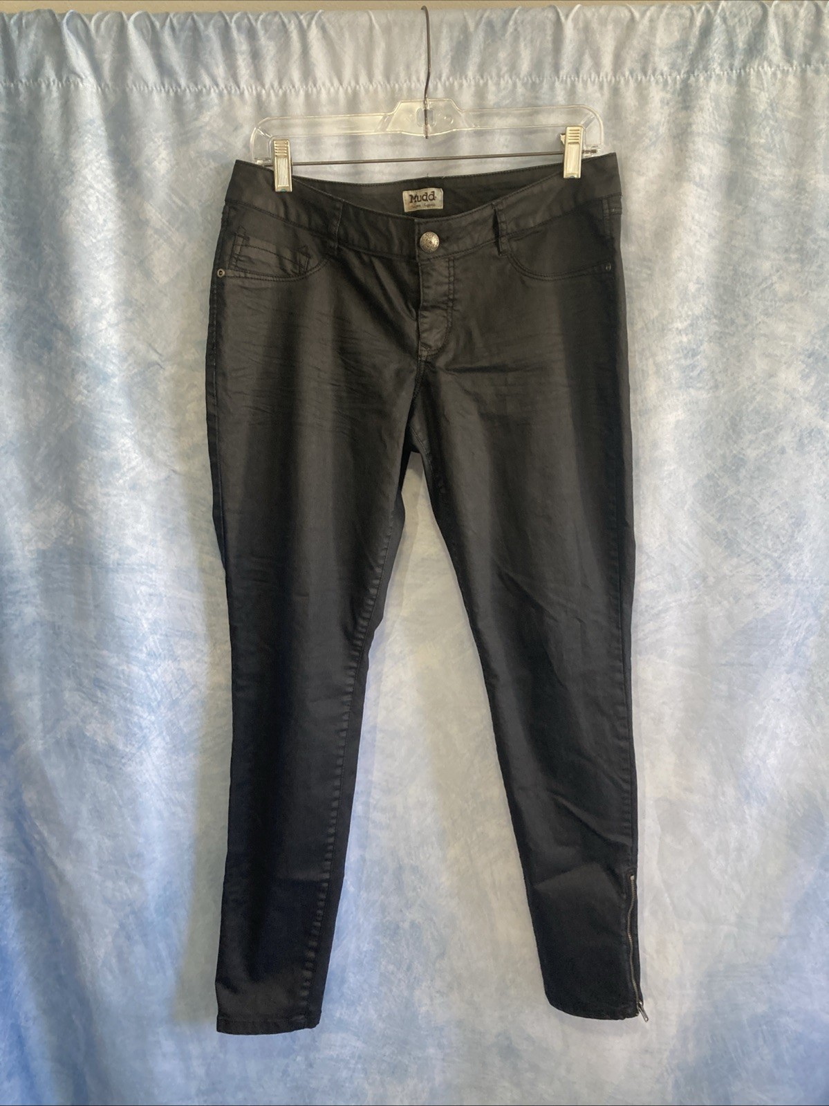 Vintage Y2K Mudd Faux Leather Skinny Pants Size 13 Coated Black Ankle Zip Moto