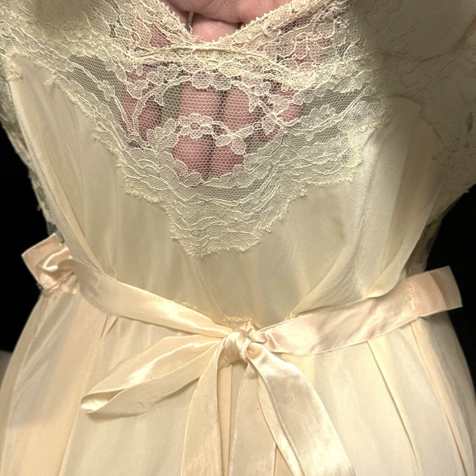 VTG 40s LUXITE by Holeproof SHEER Nylon Pink Peach Long Nightgown Ivory Lace 38