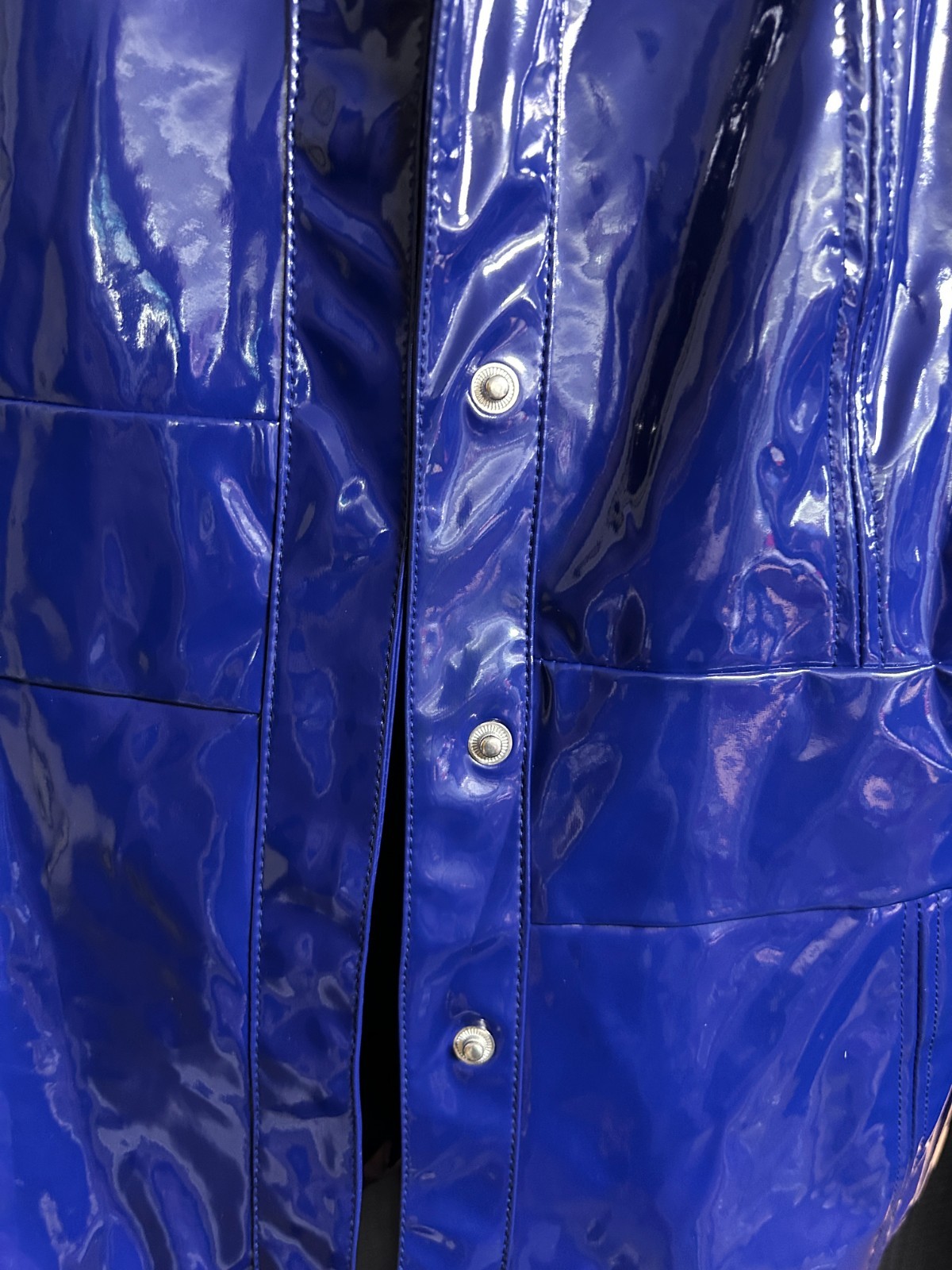 VTG 90s Does 60s Bright Blue Vinyl Mod Pamela McCoy Patent Rain Jacket Size L