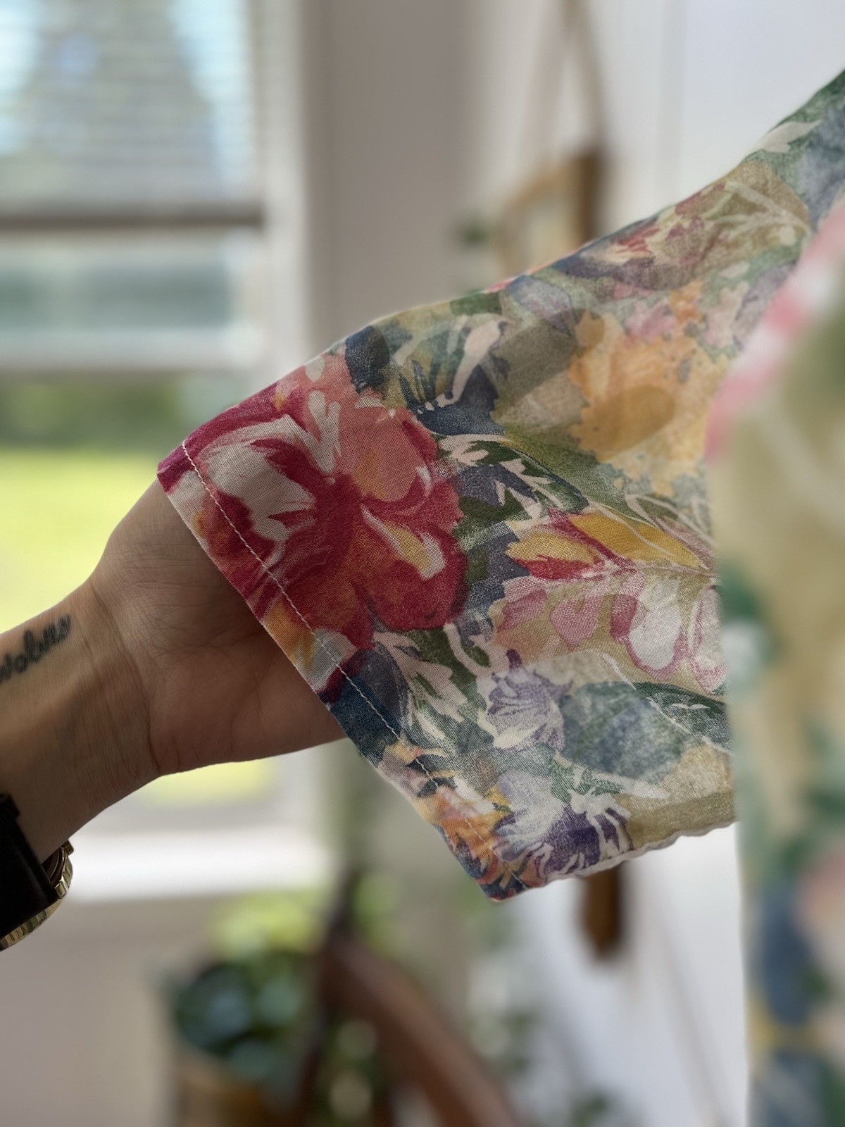 Vintage 90s Watercolor Floral Maxi Dress Sheer Chiffon Kimono Sleeve Boho M L