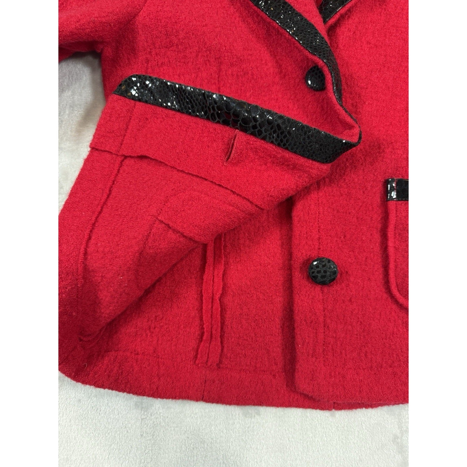 Vintage 1980s Red Wool Jacket Black Leather Trim Boutique Essentials Small