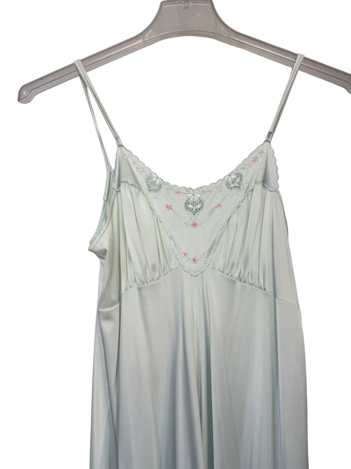Shadowline Nylon Nightgown Light Blue Size Medium Embroidered Floral Lace Trim