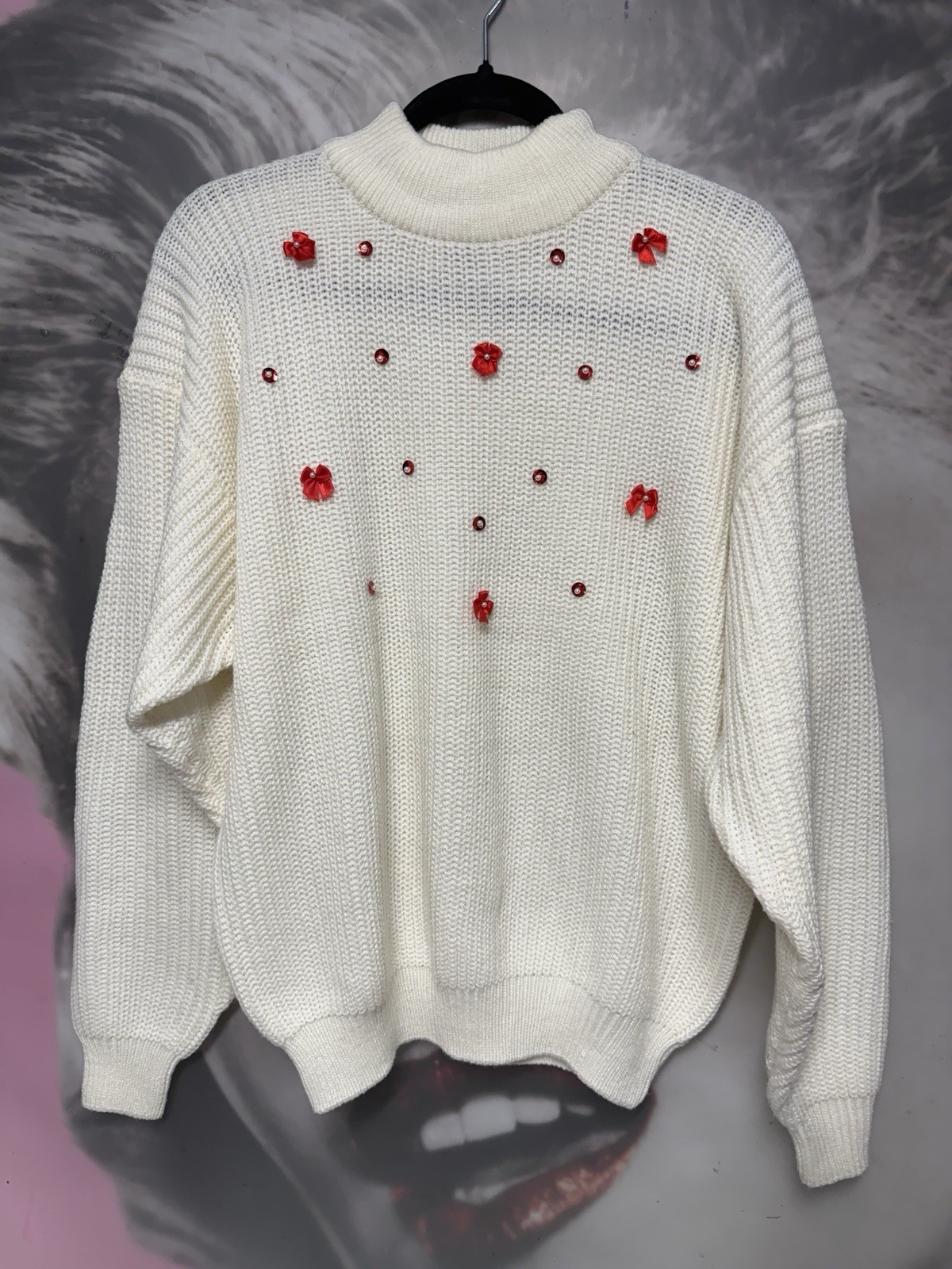 Vintage 90s Cream Knit Sweater XL pullover Acrylic Bows Sport Carriage Court
