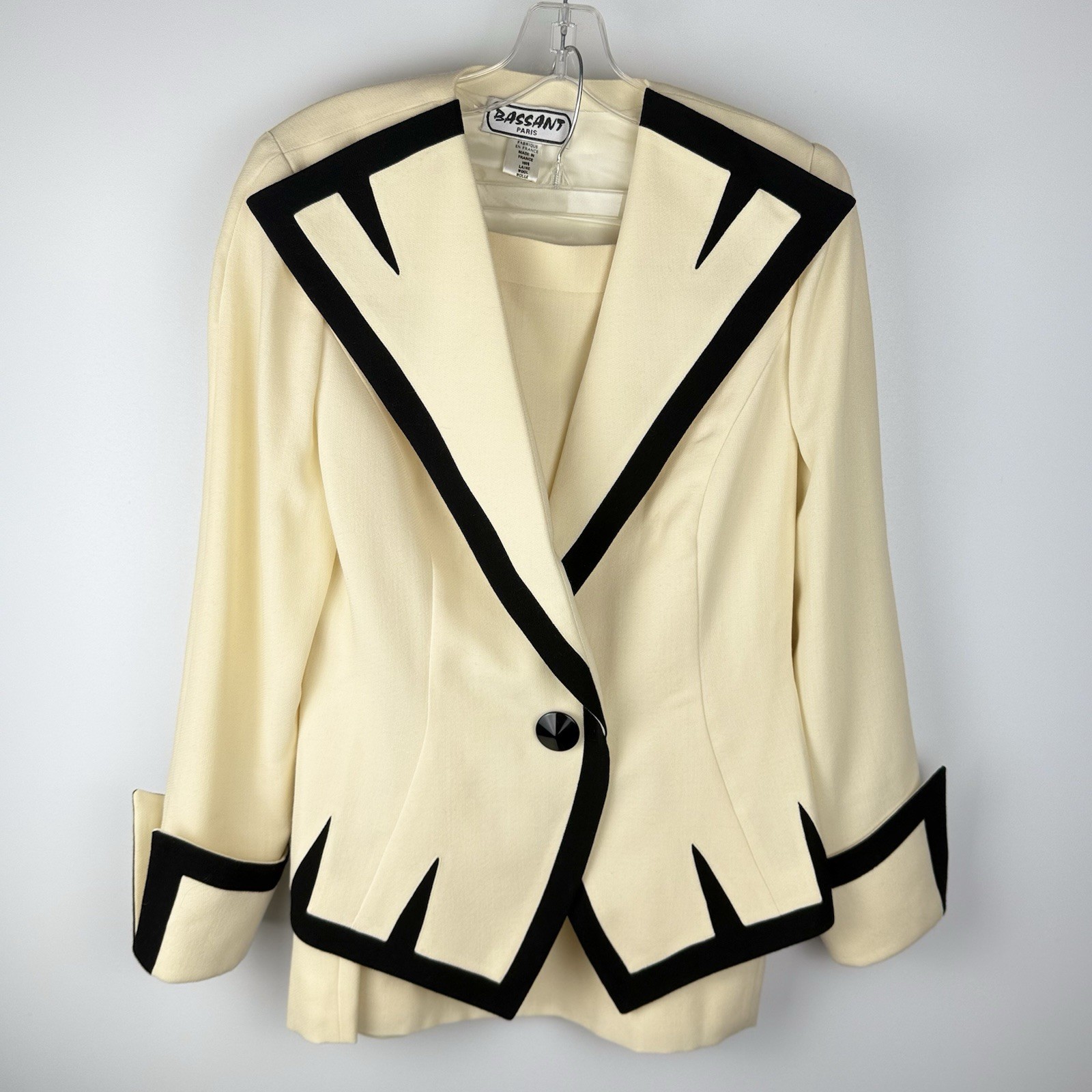 Vtg Bassant Paris Wool Skirt Suit Women&rsquo;s S/M Cream Black Trim Haute Couture 90s