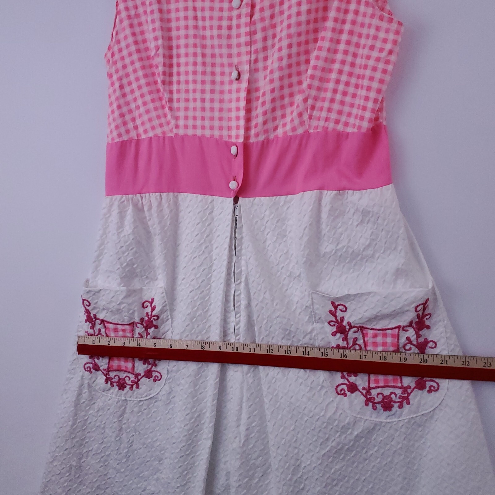 Vtg BarbieCore Pink White Gingham Cottage 60&rsquo;s Mini Tank Dress Embroidered S/M