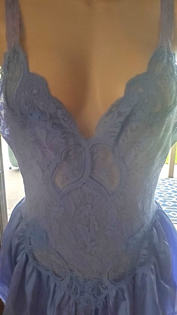 Vtg. OLGA Periwinkle Blue, Lace Bodice Formfit Teddy, Romper, Step-In Gown, XL