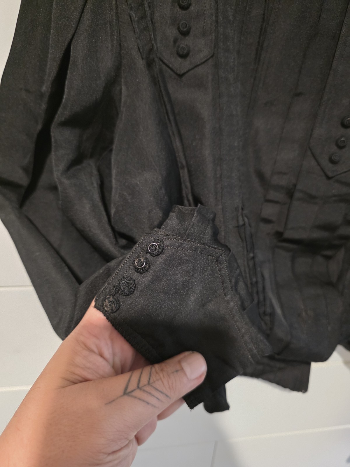 Antique 1890s Victorian Black Silk Mourning Bodice Blouse High Neck Pleated Lace