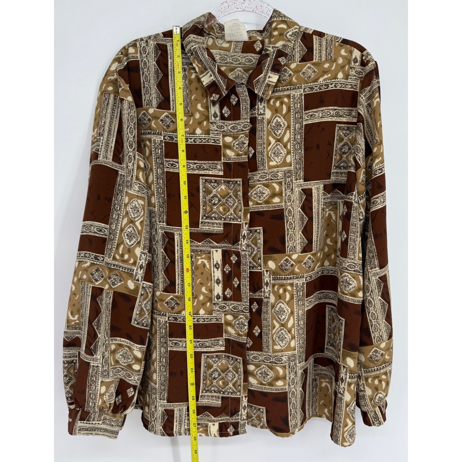 Nikki Vintage Brown Geometric Patchwork Button Up Blouse Womens Style Sz 18