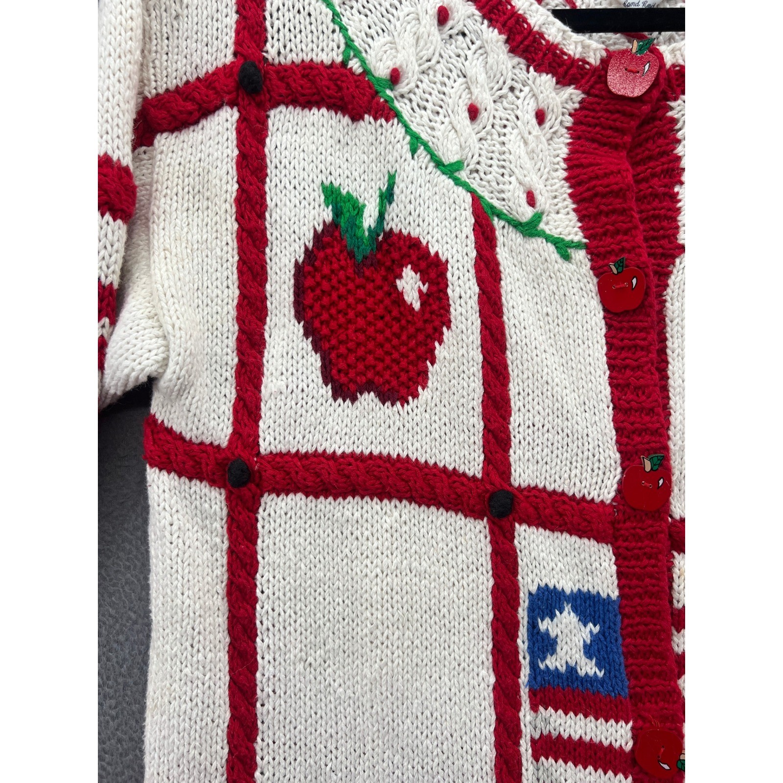 Vintage The Eagle&rsquo;s Eye Hand Knit Teacher School Cardigan Sweater Cream Red 1993