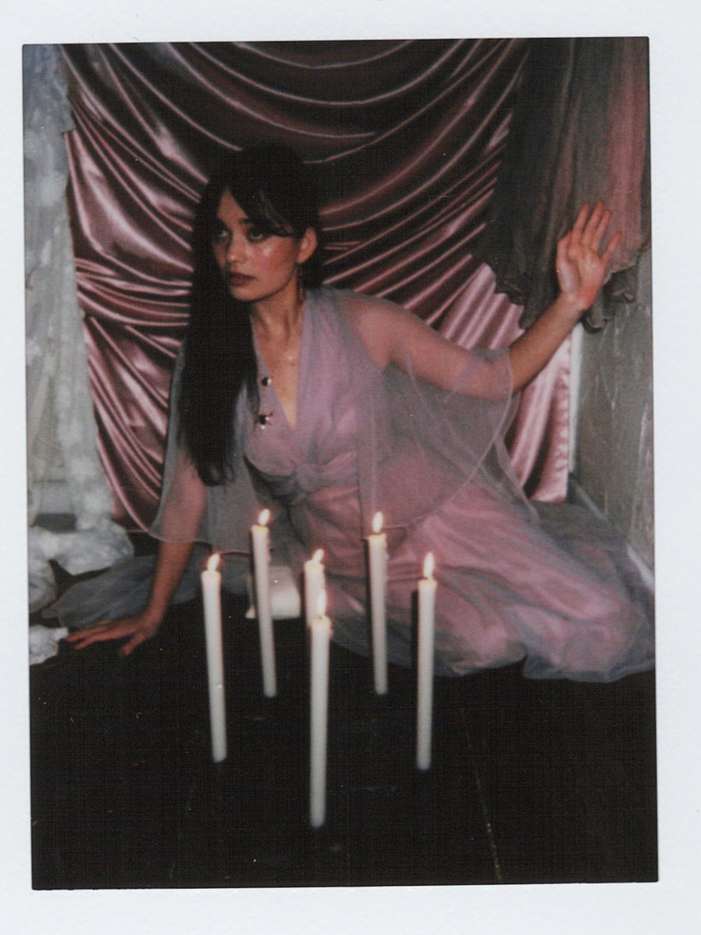 1970s Sheer Blush Chiffon Maxi Dress | Vintage Capelet Gown with Empire Waist