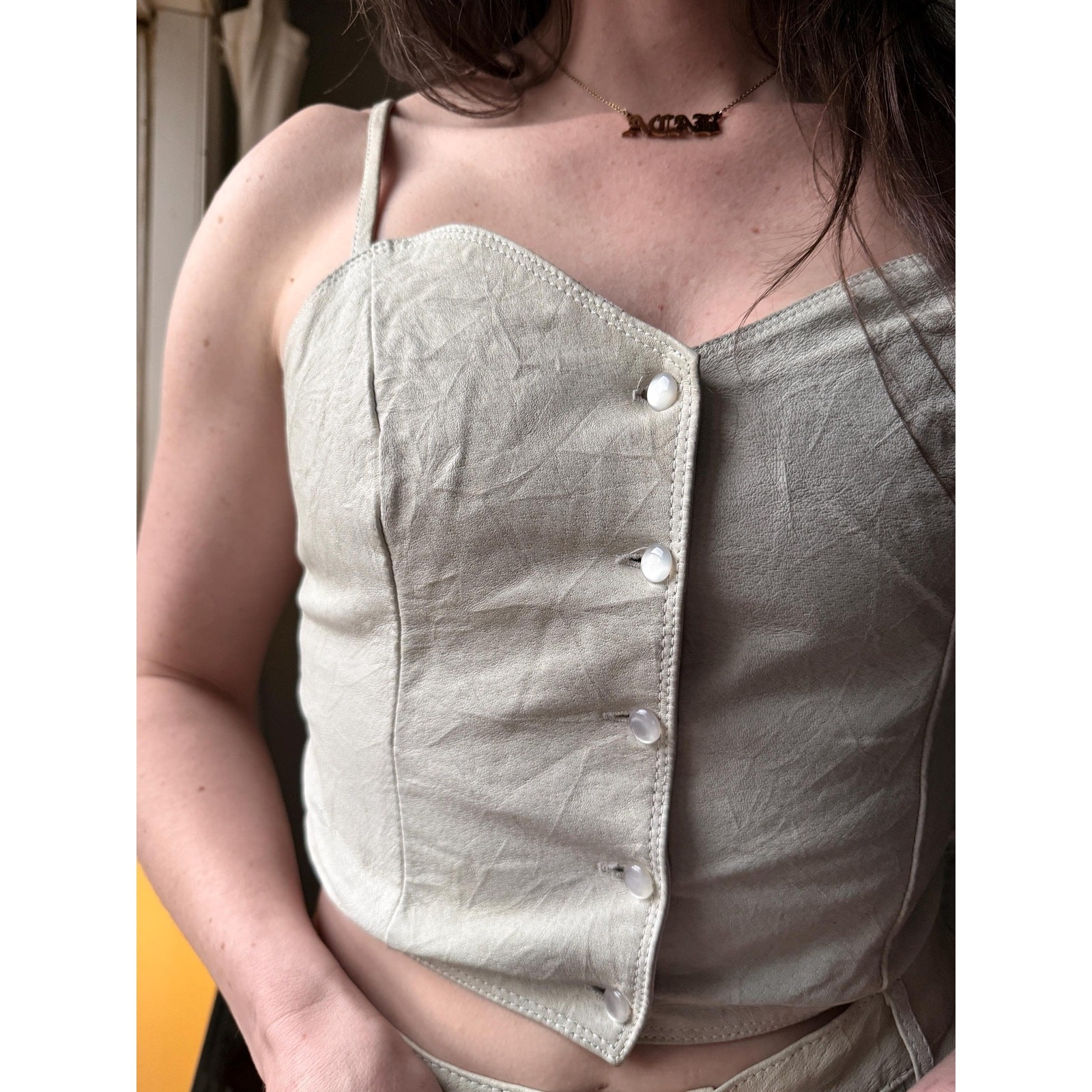 Vintage 90s Leather 2 Piece Set | Corset Crop Top + High Waist Pants | Cream | M
