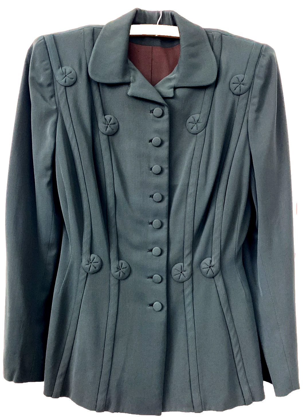 Vtg 40’s FORSTMANN Green Wool Gabardine Nipped 27&Prime; Waist Suit Jacket Skirt RARE