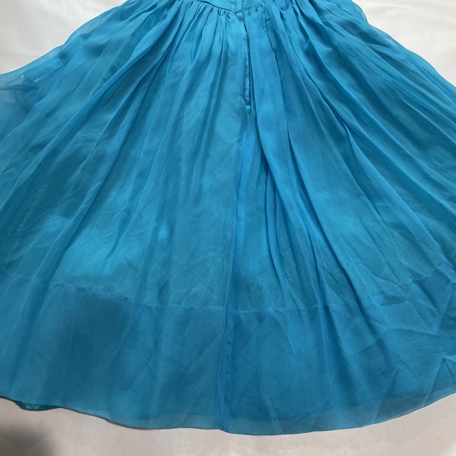 Vintage 50s 60s Chiffon Dress Prom Party Aqua Turquoise Waist 24 (SEE FLAWS