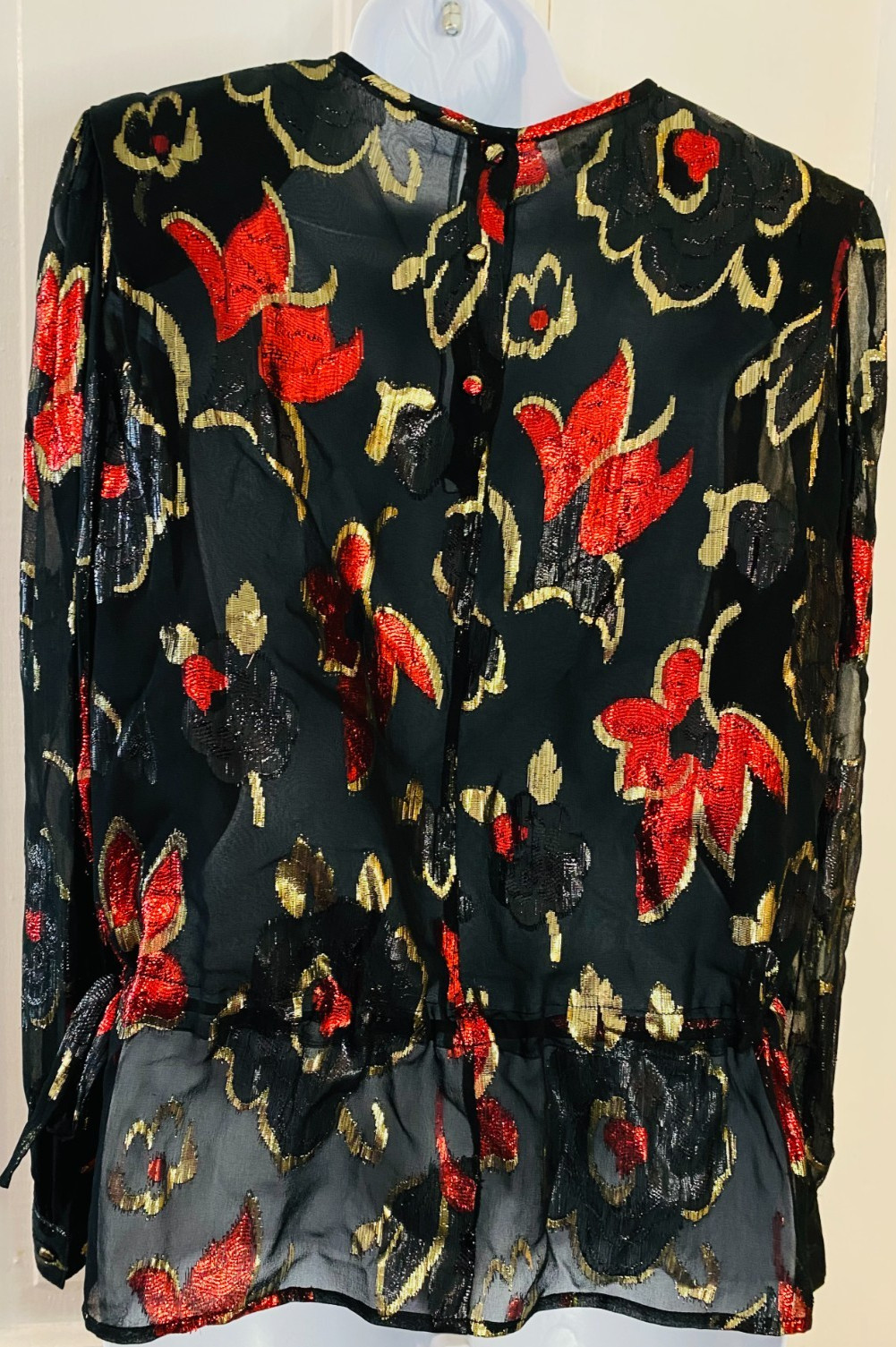 Vintage LLOYD WILLIAMS Sheer Blouse Black with Black, Gold & Red Floral shiny