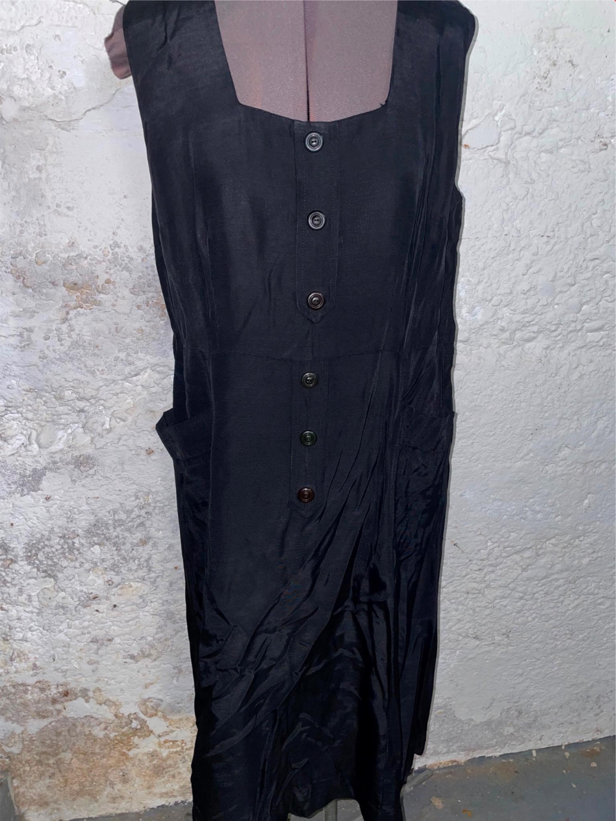 VTG 50S WOMENS LARGE BLACK BUTTON SIDE ZIP RAYON DRESS