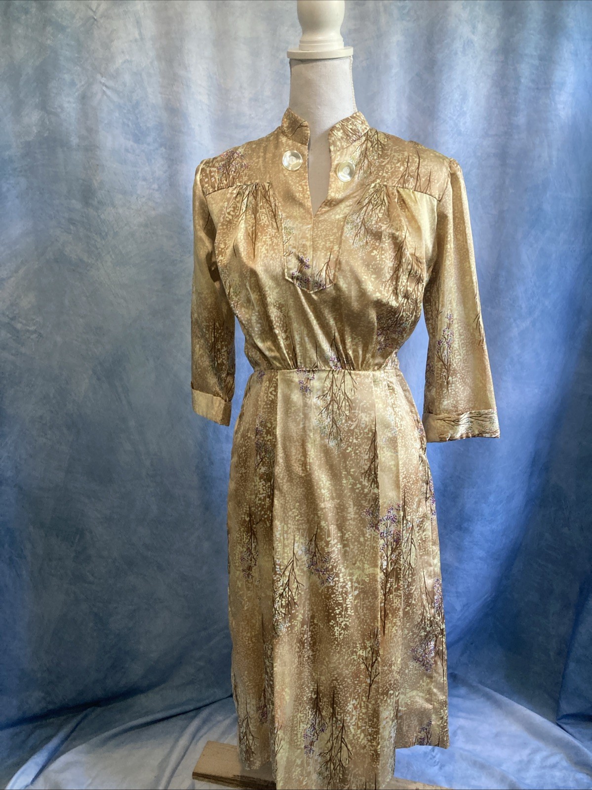 VTG 70s Secretary Dress Handmade Silky Beige Gold Floral Pleated Mid Century XS