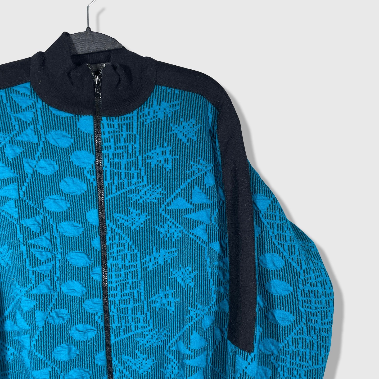 David Brown I. Magnin Zip Up Jacket Womens XS Blue Vintage 80s Geometric Grandma