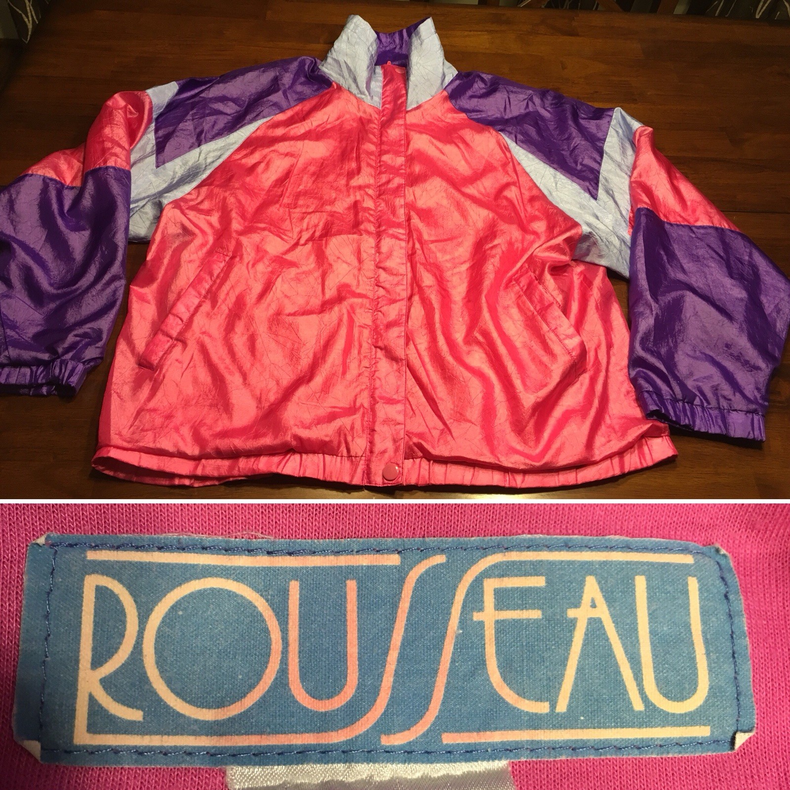 Vtg Rousseau Pink Purple Shiny Colorblock Coat Retro Neon Bright Jacket Medium
