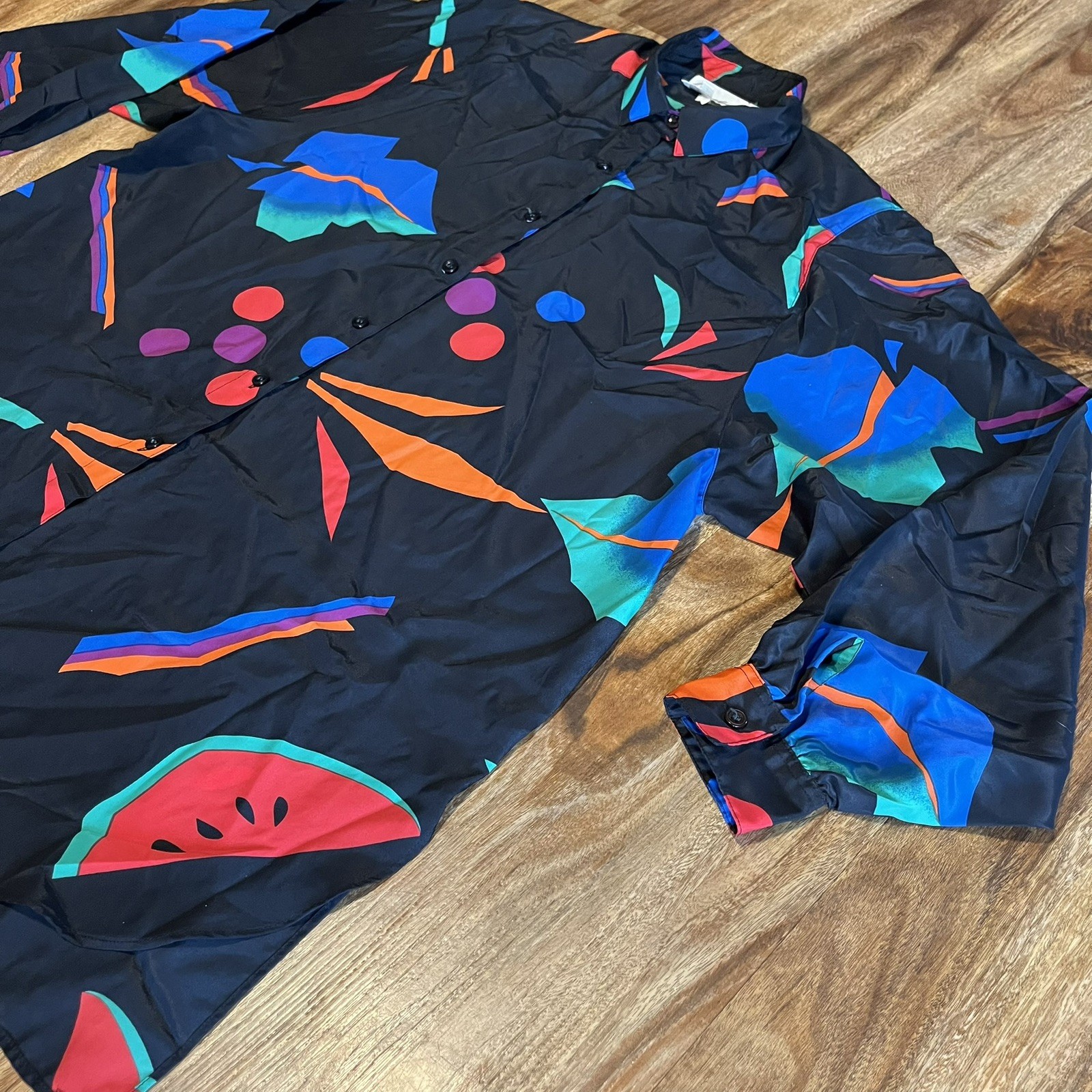 🔥VTG Shapely Button Front Long Sleeve Shirt Black Multicolor Abstract SZ L 🔥