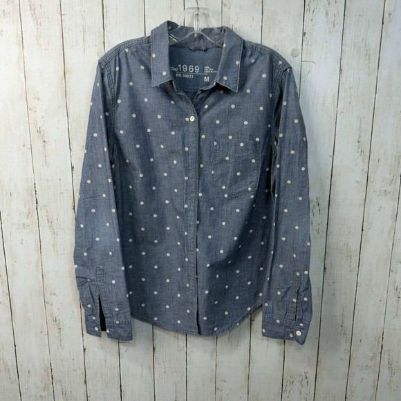 GAP 1969 Women&rsquo;s Chambray Button Down Shirt Polka Dot Denim Top Size M