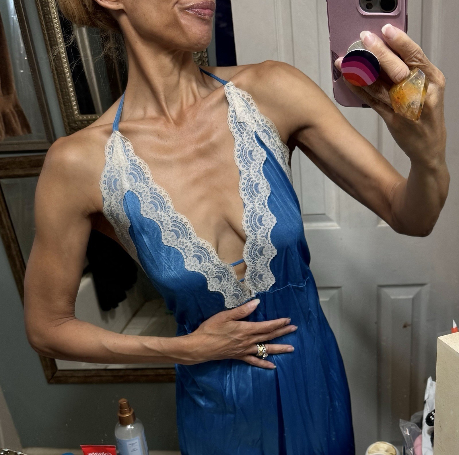 Vtg Undercover Wear Halter Nylon Plunge Neck Maxi Dress Nightgown Blue Lace Peep