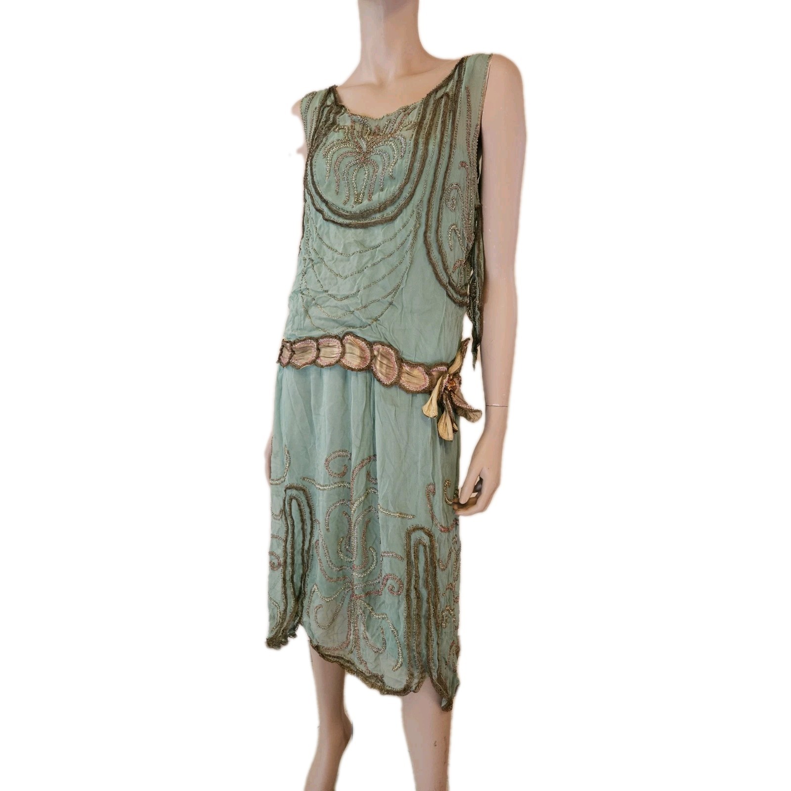 Antique 1920s French Beaded Flapper Dress Gold Lace Vintage Art Deco Bust 36