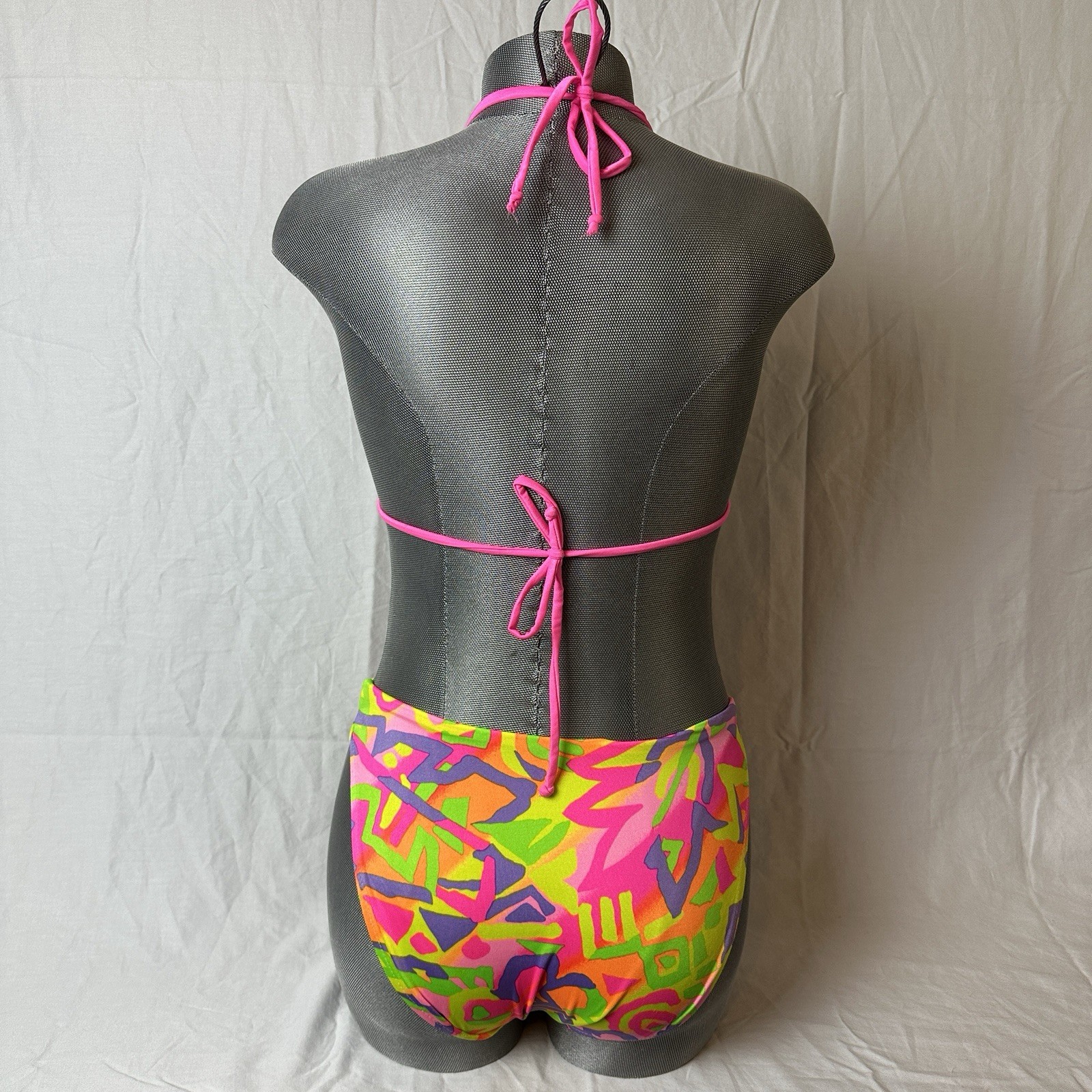 Vtg 90s St Tropez String Bikini Swimsuit Neon Abstract Sz 11/12 Triangle Tie