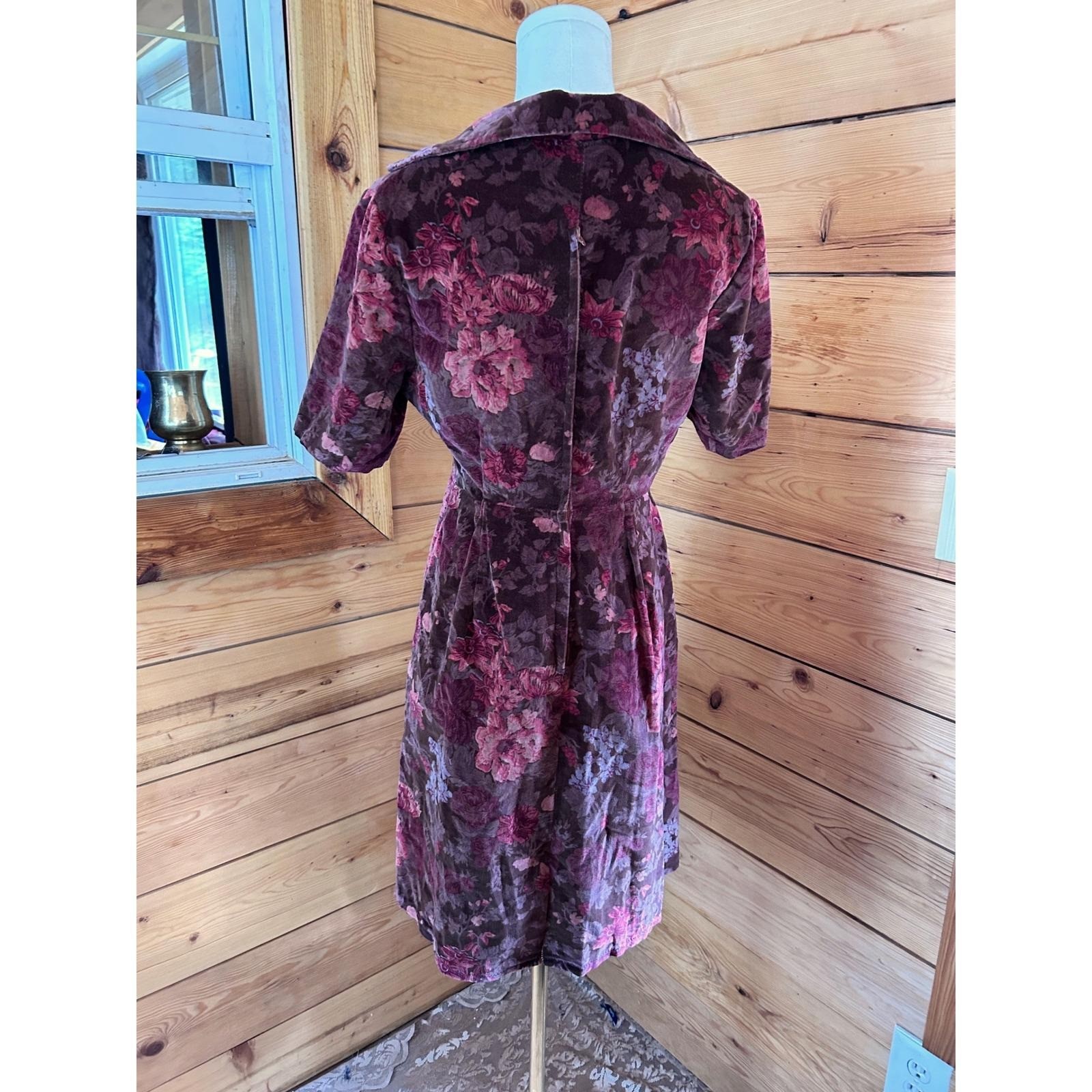 Vintage Thick Velour Floral Midi Dress Womens Large Plum Purple Handmade 70&rsquo;s