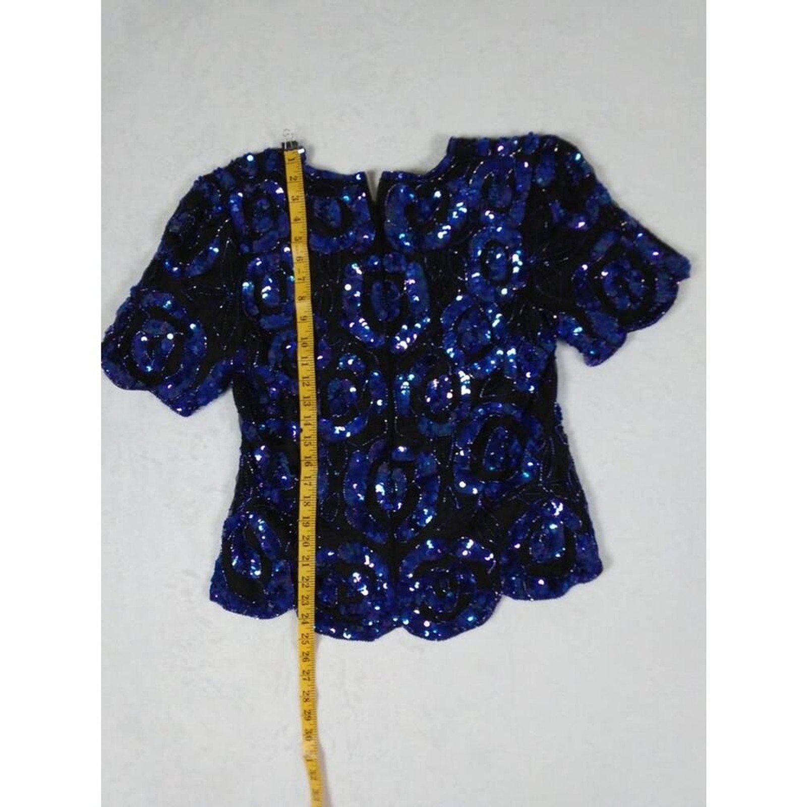Stenay Vintage Silk Sequin Beaded Evening Top Royal Blue Black Scalloped Hem L