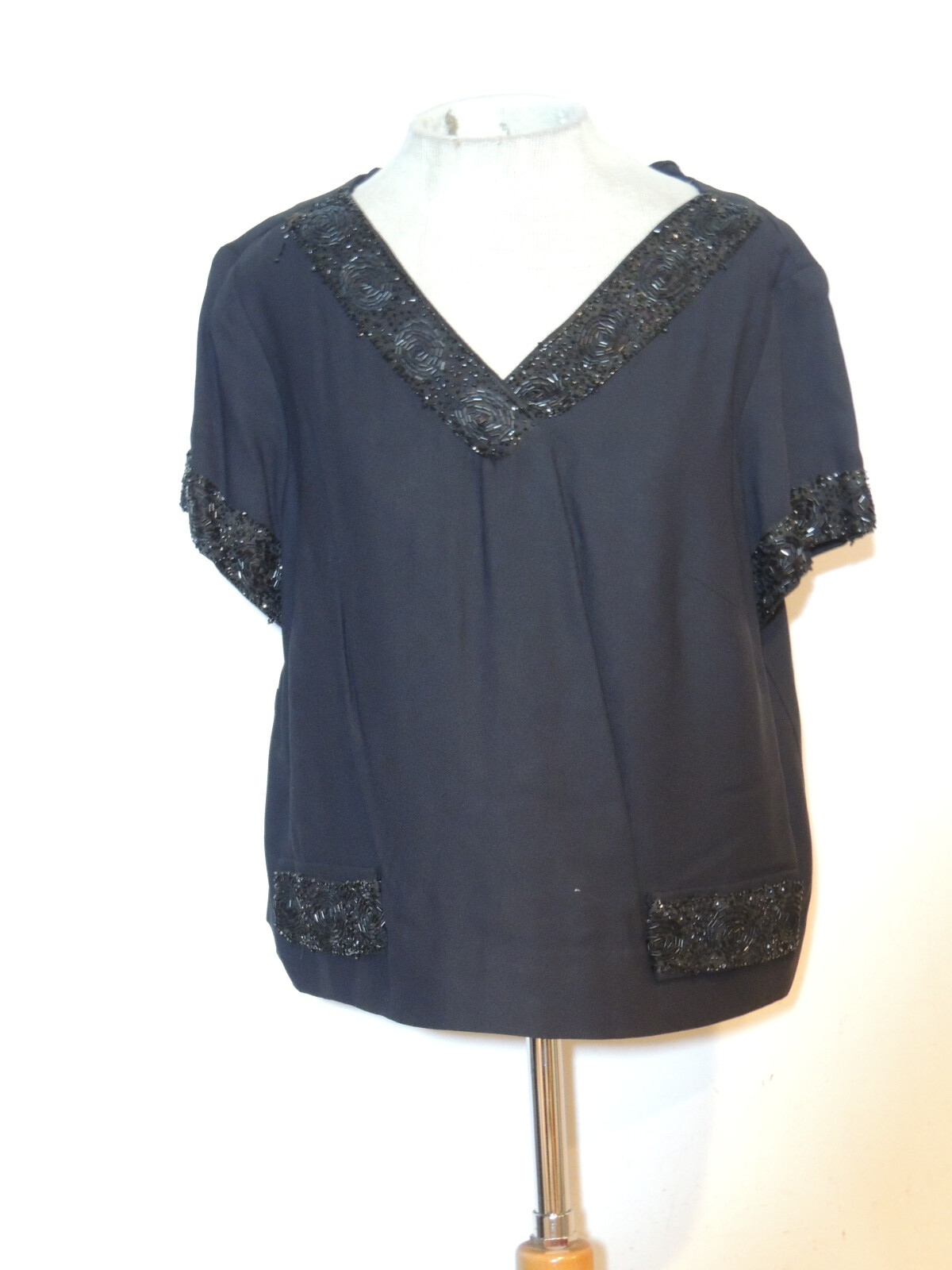 1960&rsquo;s Black Crepe Blouse / Top w Beading MED – LG