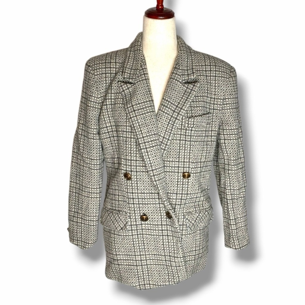 Giorgio Sant’ Angelo Grey Wool Tweed Plaid Pea Coat Size 12
