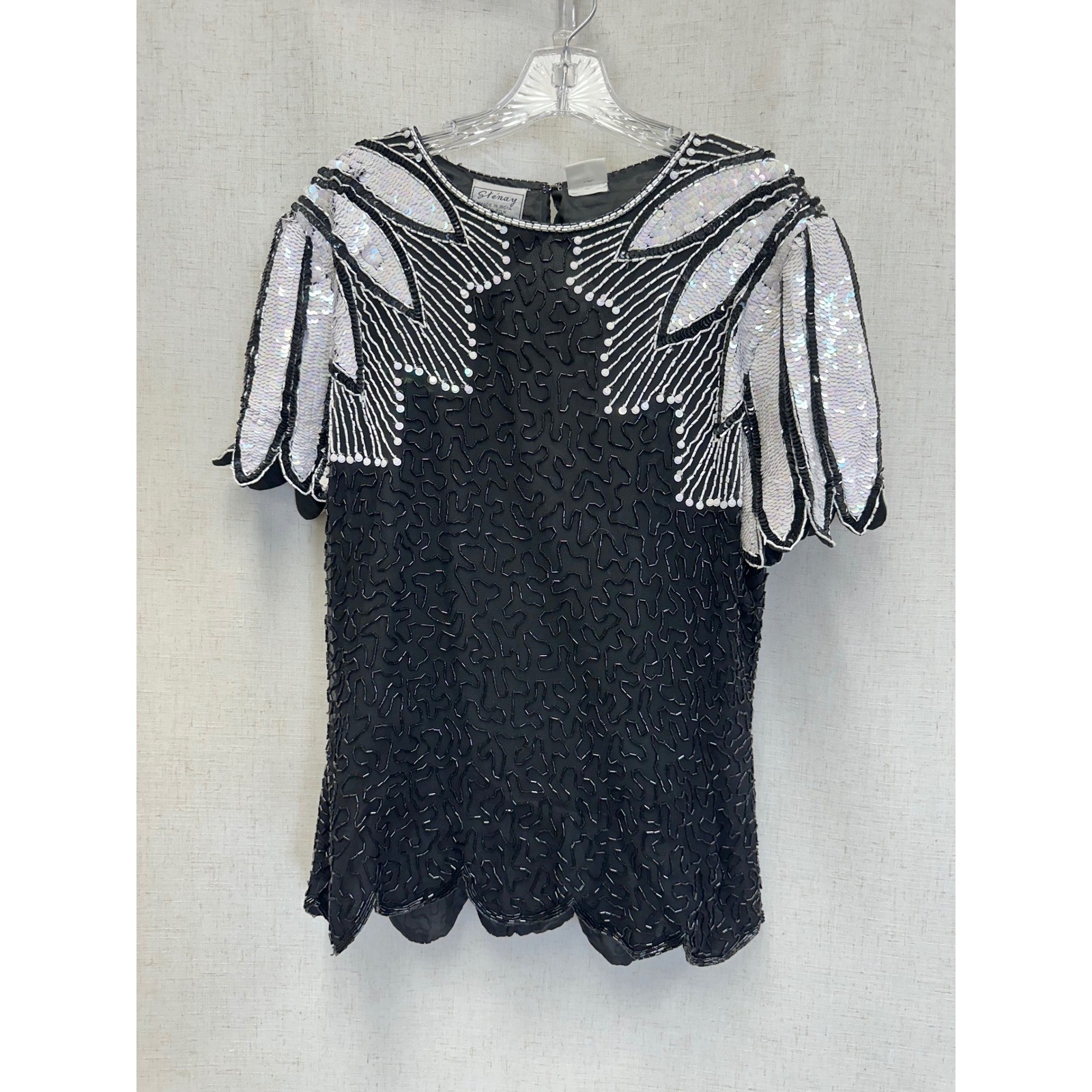 Stenay 100% Silk Beaded Sequin Black White Top Womens 14 Vintage Evening Blouse
