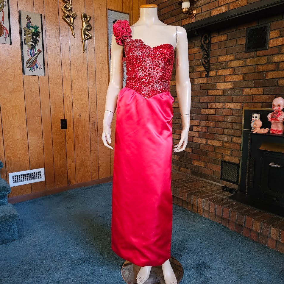 Vintage 80s Cold Shoulder Prom Corset Pageant Ball Gown Sequin Column Dress XS/S