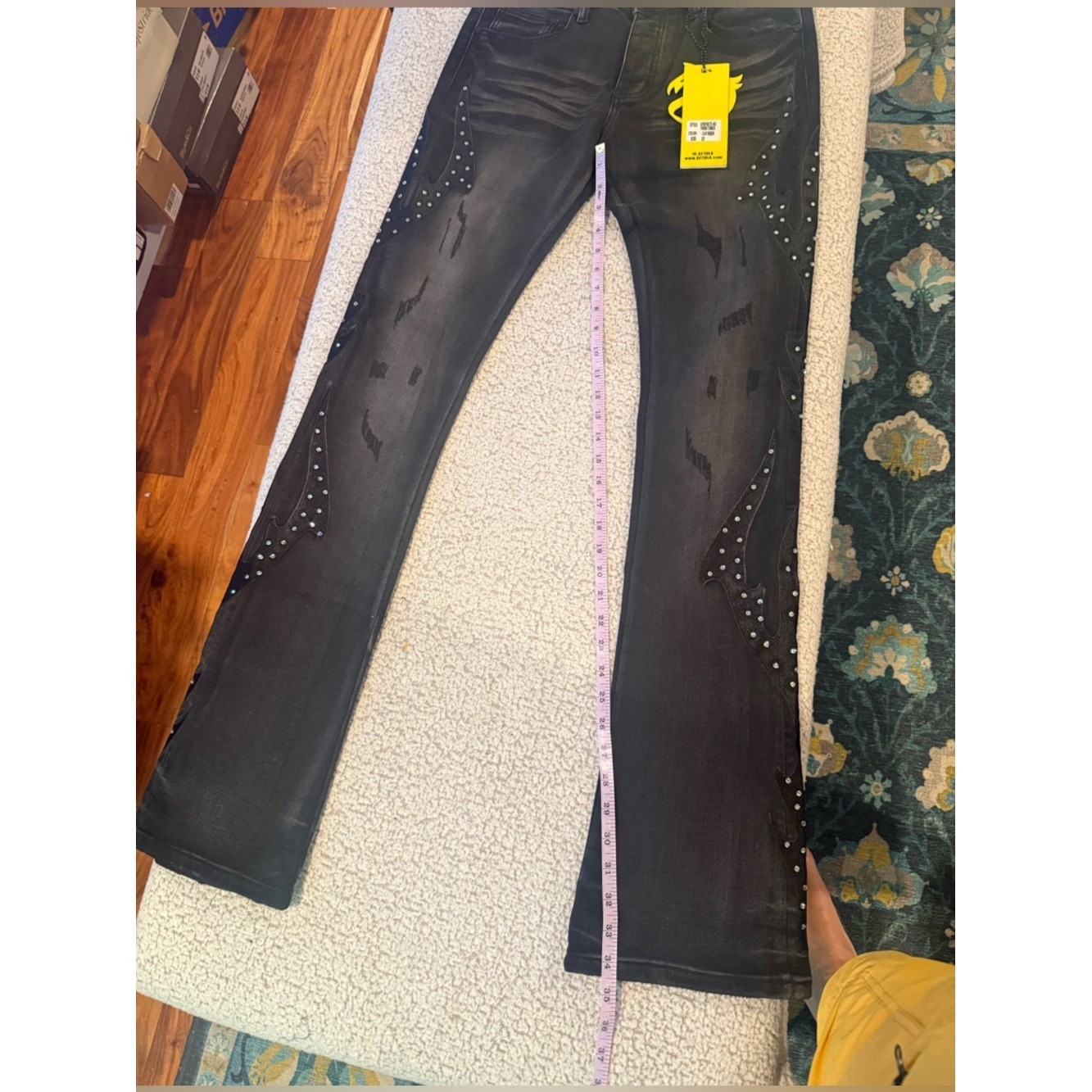 GFTD LA Black Rhinestone Flame Jeans Sz 30 Y2K Bootcut Stretch Denim NWOT
