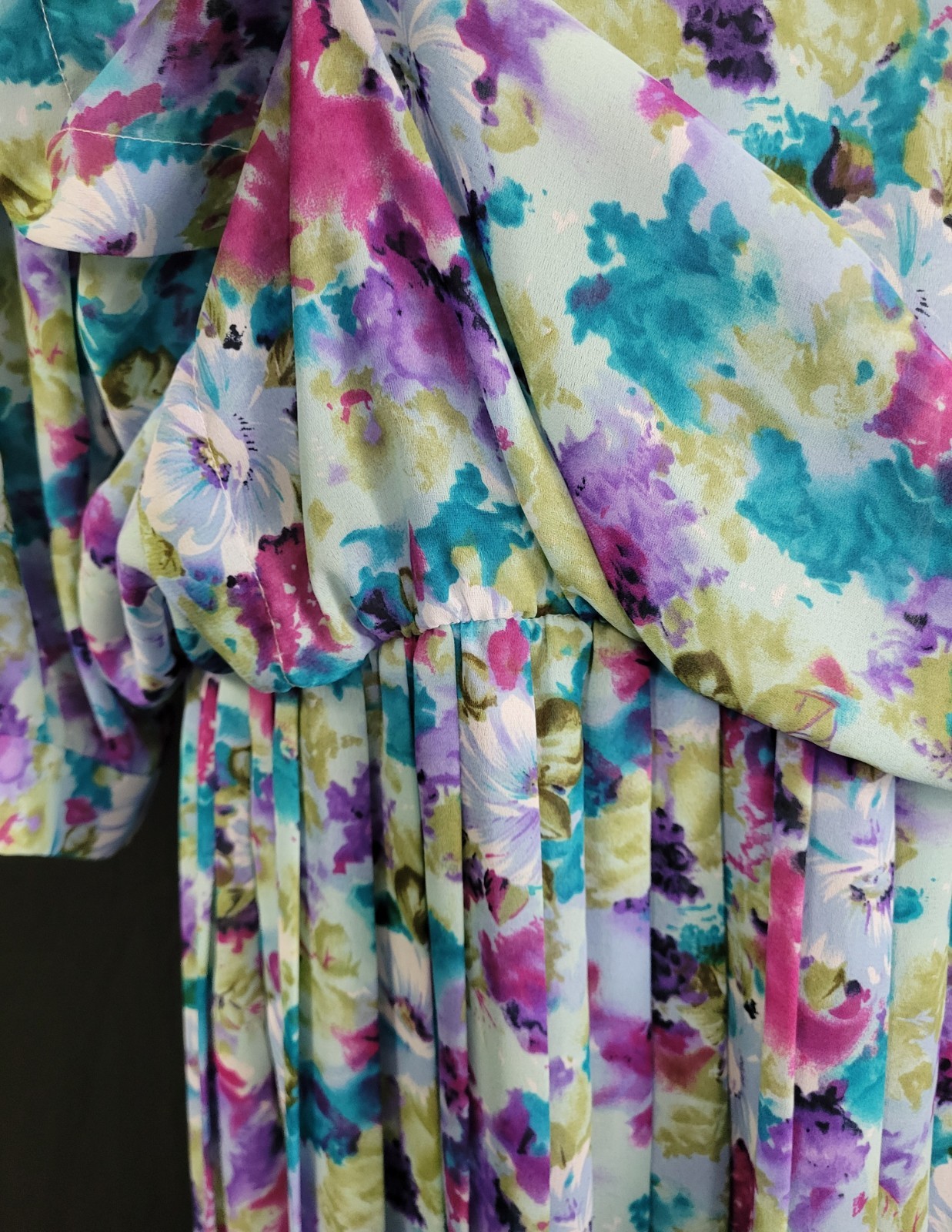 Vintage VLP Plus Blue/Green/Purple Floral Blouson Dress w Pleated Skirt Size 24