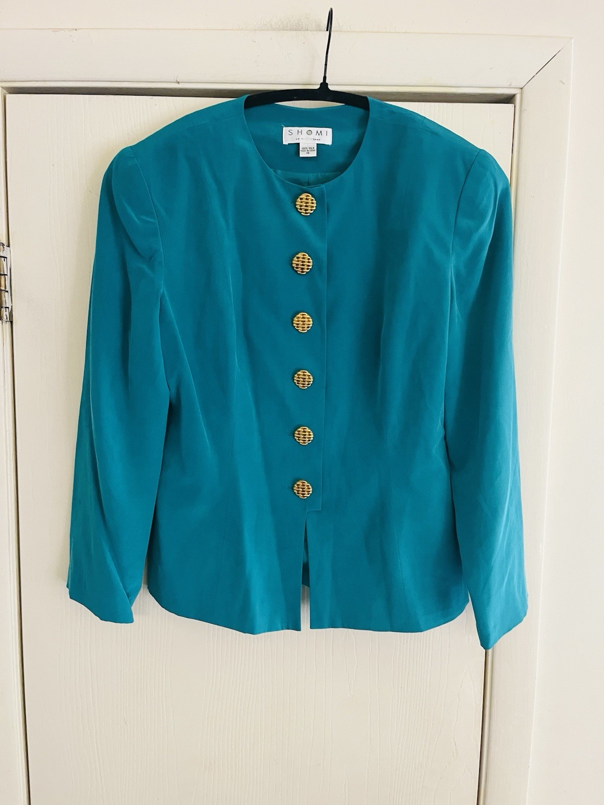 VTG 90s Shomi Silk Avant Garde Gold Button Front Couture Milan Crop Blazer 10