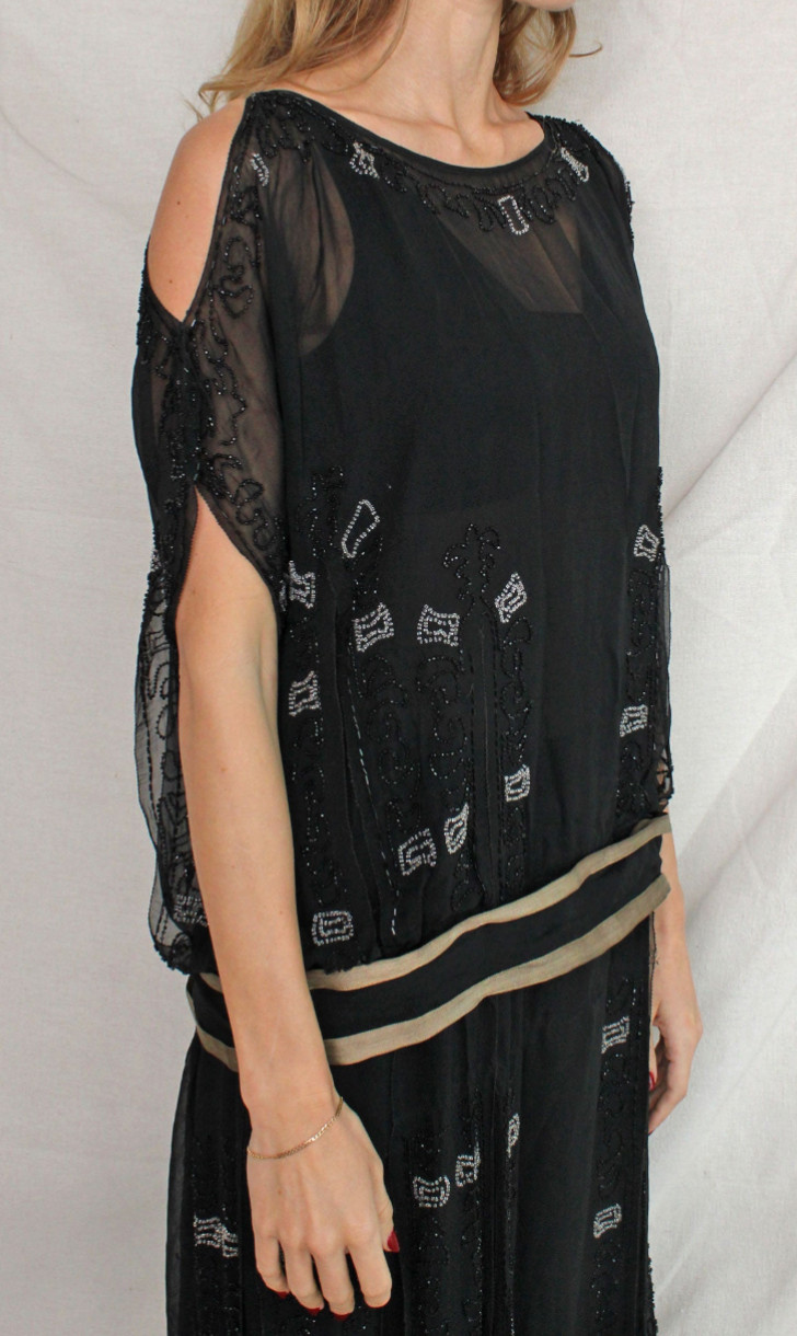 1920s vtg sheer silk chiffon beaded lamé ribbon dropwaist antique dress black