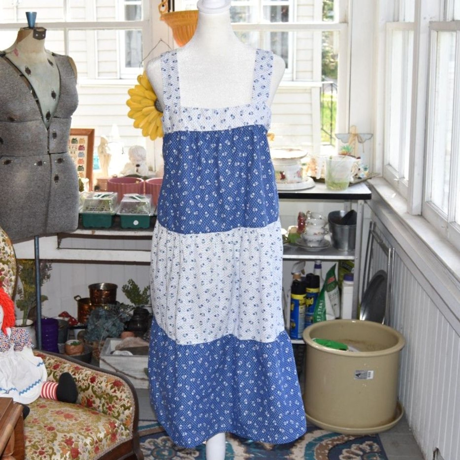 Vintage 70s Montgomery Ward Prairie Sundress Blue Calico Patchwork USA L