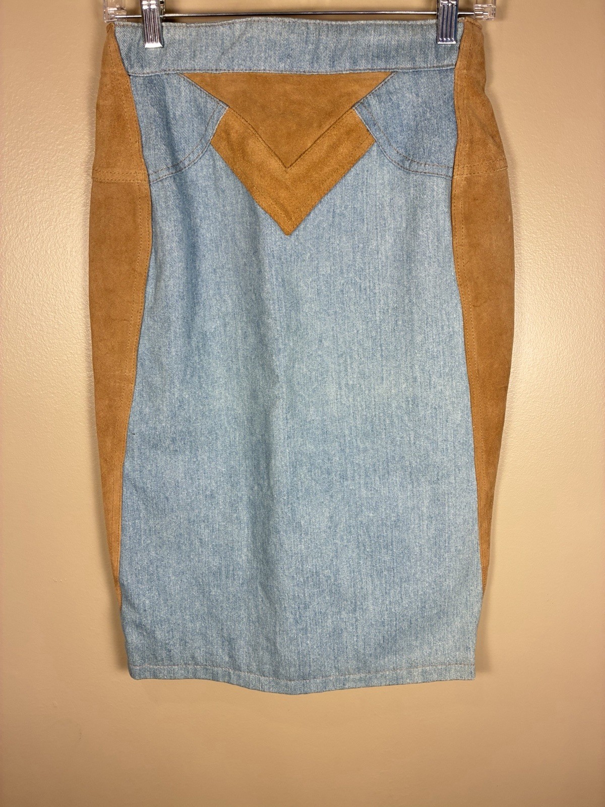 VTG 90s Denim Suede Leather Combo MIDI Skirt Blue Brown Western S